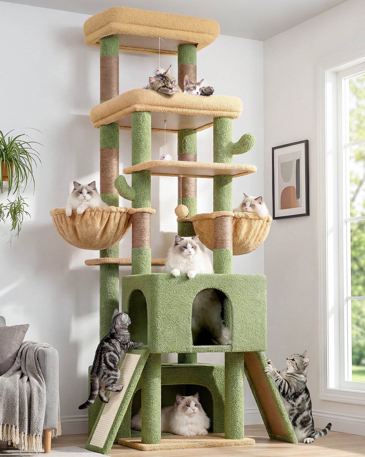 Globlazer Heavy Duty Cat Tree 78 inch Sturdy Cactus Cat Tower for 20lbs Large Adult Cats, Symmetrical Aesthetic Big Cactus Cat Tree with Extra Large Platform, 2 Scratching Boards, Z78, Green