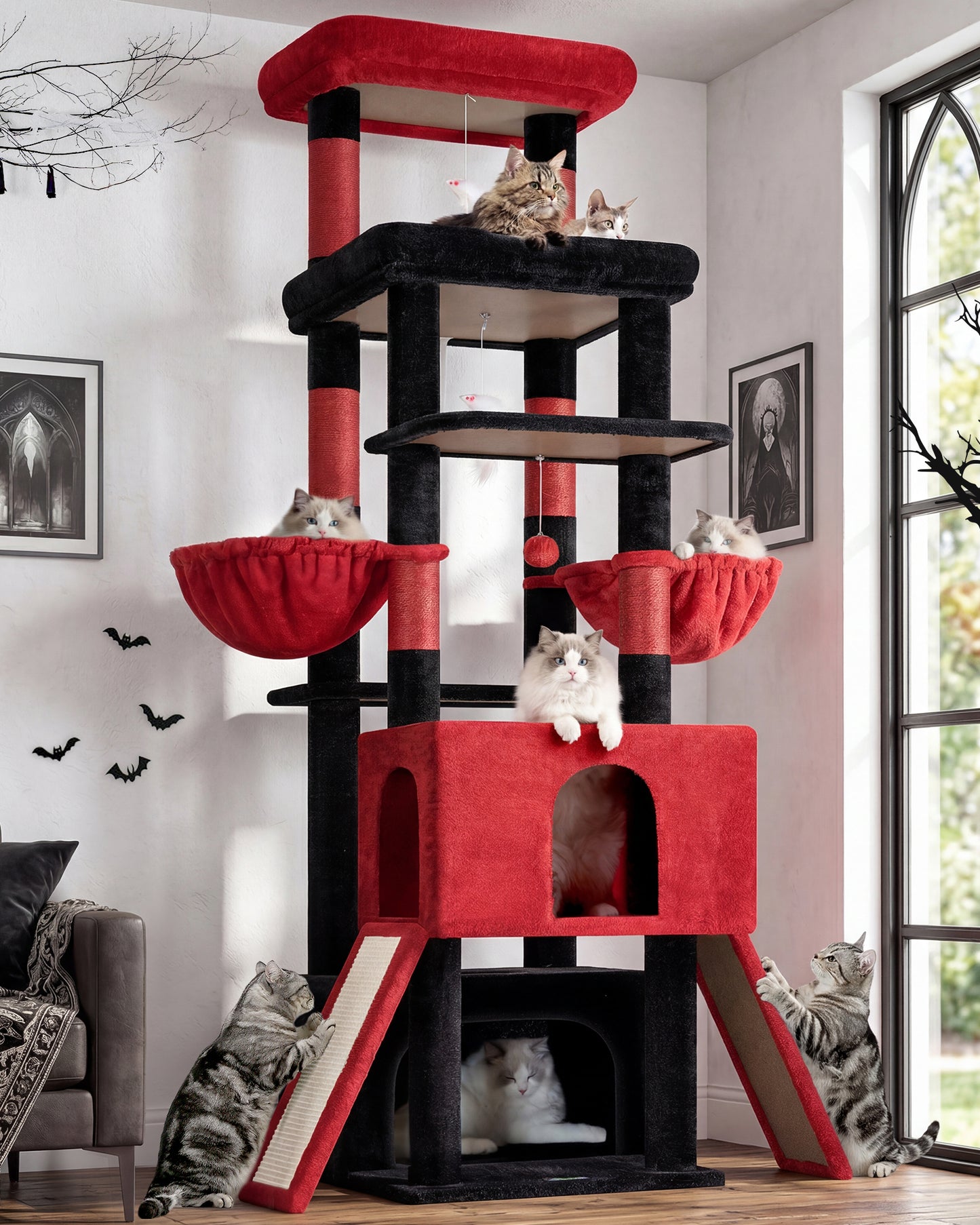 Globlazer Heavy Duty Cat Tree 78 inch Sturdy Gothic Cat Tower for 20lbs Large Adult Cats, Symmetrical Aesthetic Big Goth Cat Tree with Extra Large Platform, 2 Scratching Boards, Z78, Black Red