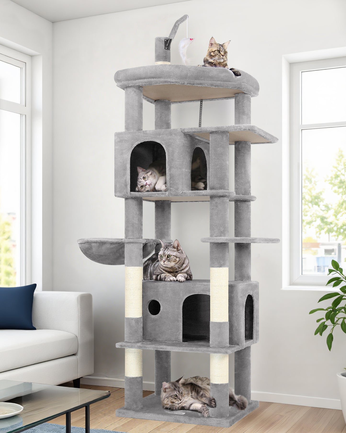 Globlazer Large Cat Tree Tower, Tall Cat Tree Condos for Indoor Cats Large Adult Cat Climbing Tower with 2 Spacious Caves, Oversized Top Perch, Big Hanging Basket, Cat Teaser Wand, F74B, Light Grey