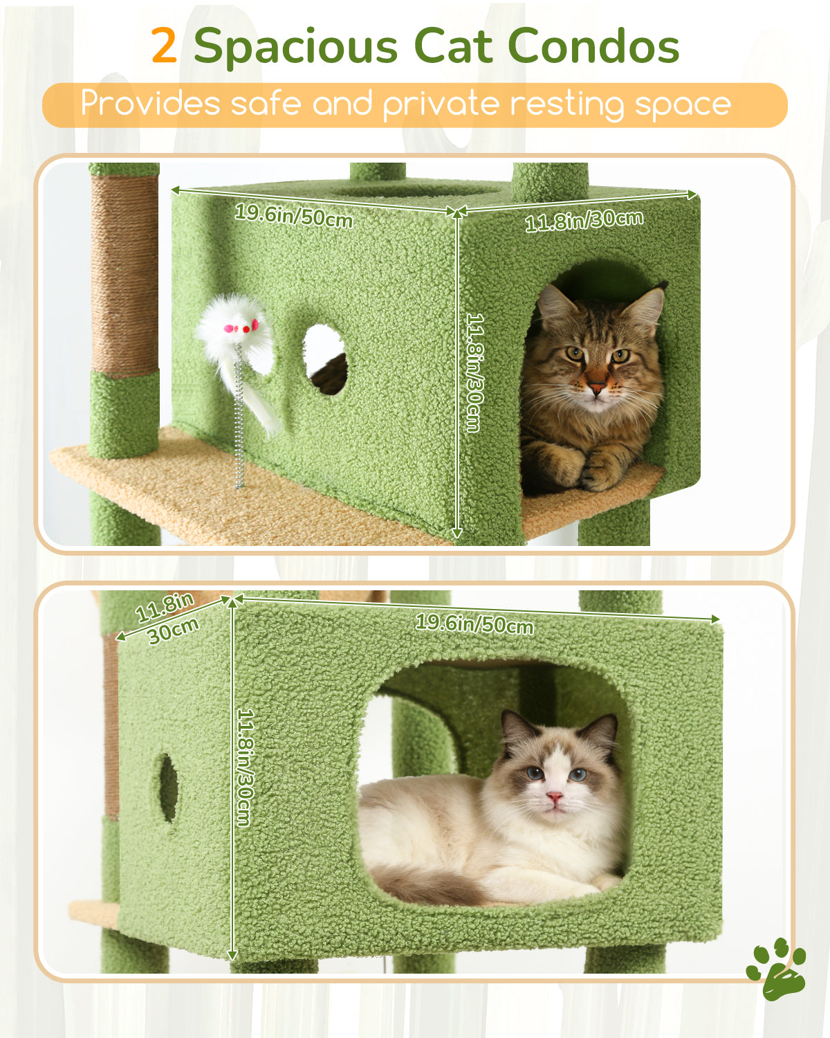 Globlazer Cactus Heavy Duty Cat Tree Tower 80in Tall Extra Large Cat Tree Tower for Multiple Indoor Cats Large Adult with Scratching Posts, 2 Spacious Condos, Padded Perches, Soft Hammock, S80B, Green