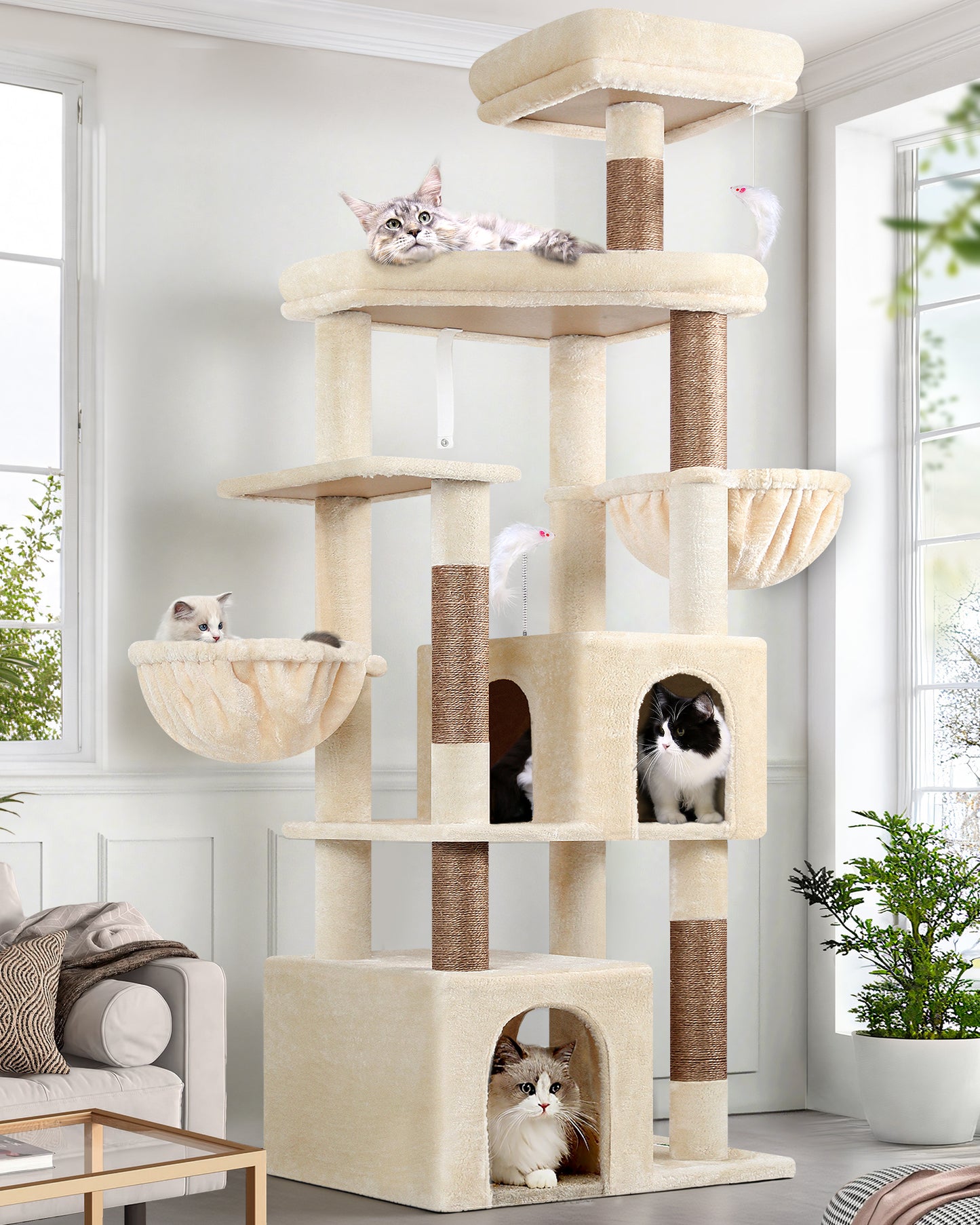 Globlazer Sturdy Cat Tree, 68-inch Large Cat Tower for Indoor Adult Cats 20 lbs Heavy Duty Cat Tree for Big Cats with Extra Large Platform, 5 Scratching Post, S68, Beige