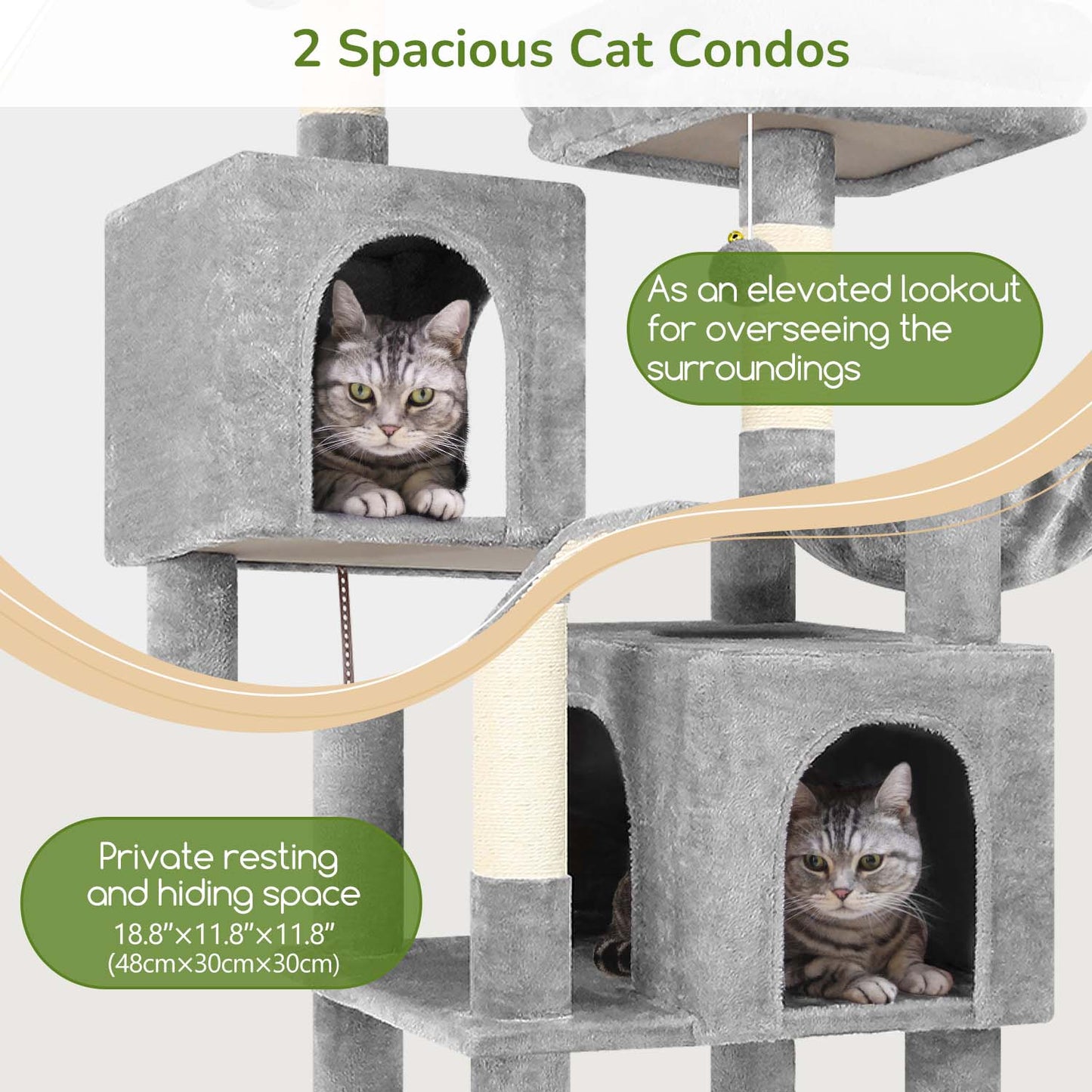 Globlazer 74in Heavy Duty Cat Tree for Large Indoor Cats, Multi-Level Cat Tower with 5 Sisal Scratching Posts, 2 Cozy Condos, Hammock, Top Perches, Climbing Ramp and Pet Bed, F74D, Light Grey