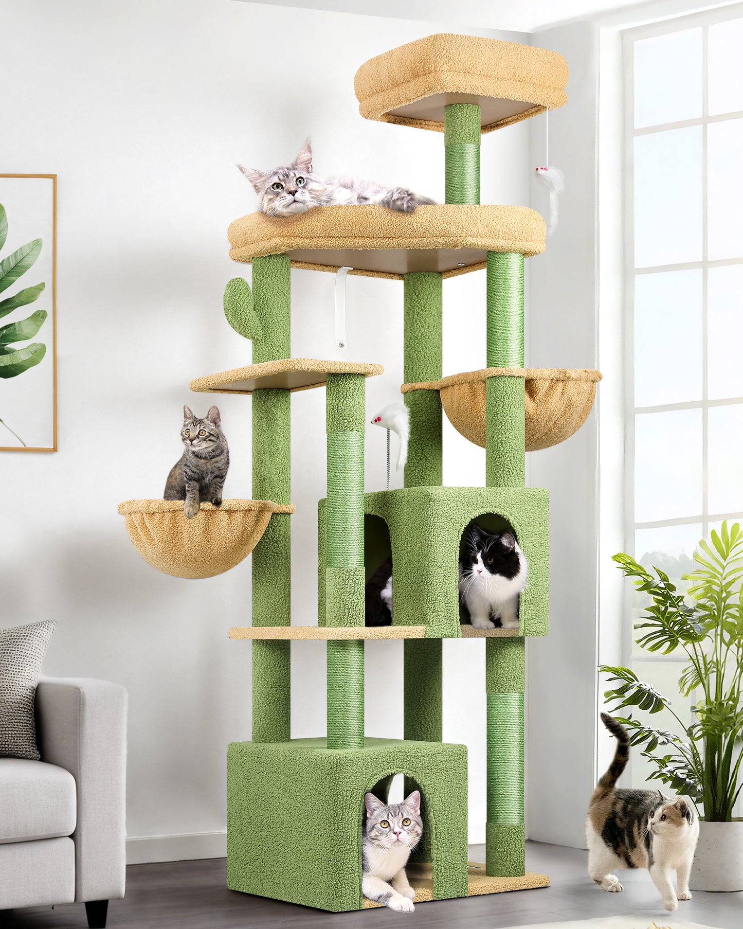 Globlazer Sturdy Cat Tree, 68-inch Large Cat Tower for Indoor Adult Cats 20 lbs Heavy Duty Cat Tree for Big Cats with Extra Large Platform, 5 Scratching Post, S68, Green
