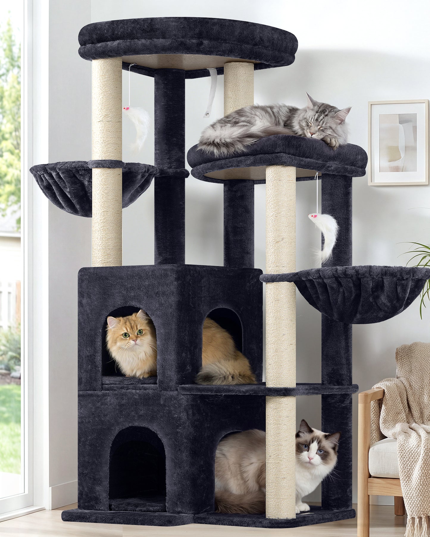 Globlazer Cat Tree Tower for Indoor Cats, 63 inch Sturdy Adult Cat Tree House for Large Adult Cats with 2 Platform, 6 Cat Scratching Post, 2 Cat Caves, Dangling Toys, S63, Dark Grey