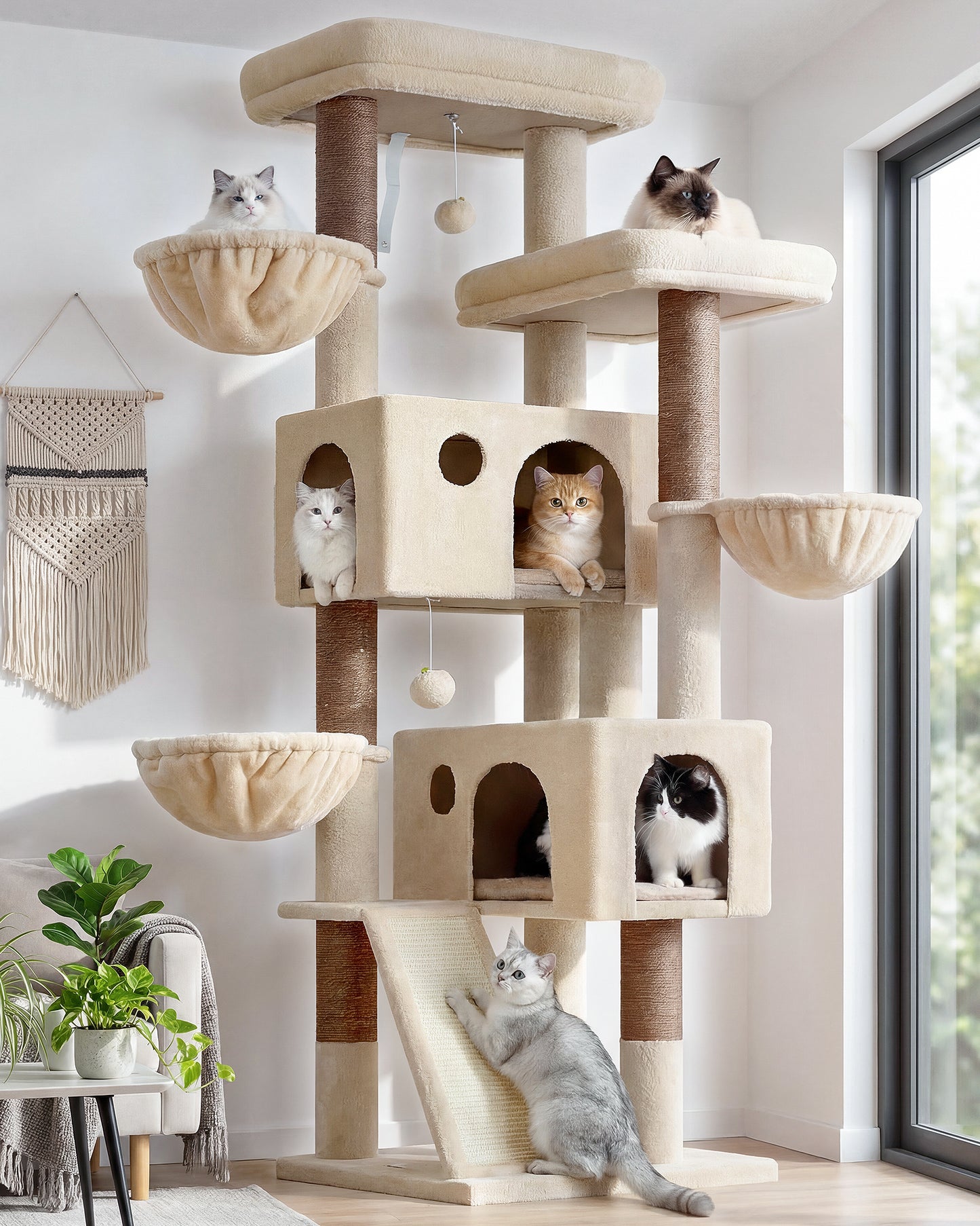 Globlazer Large Cat Tree, 72 inch Tall Cat Climbing Tower for Indoor Large Adult Cats Multi-Level Furniture Tree House with 2 Cozy Perches, 2 Padded Condos, 5 Sisal Scratching Posts, F72G, Beige