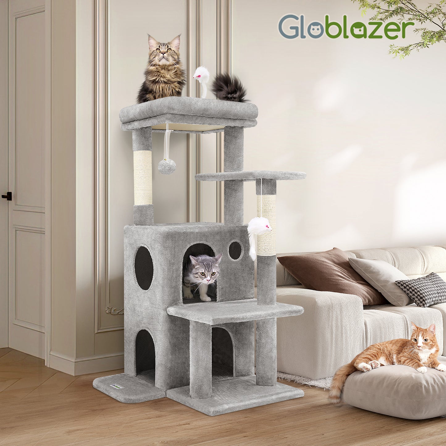 Globlazer Cat Tree Tower for Indoor Cats, 50-inch Adult Cat Tree House for Large Adult Cats with Step, 2 Scratching Posts, 2 Cat Caves, Dangling Toys, FC50, Light Grey
