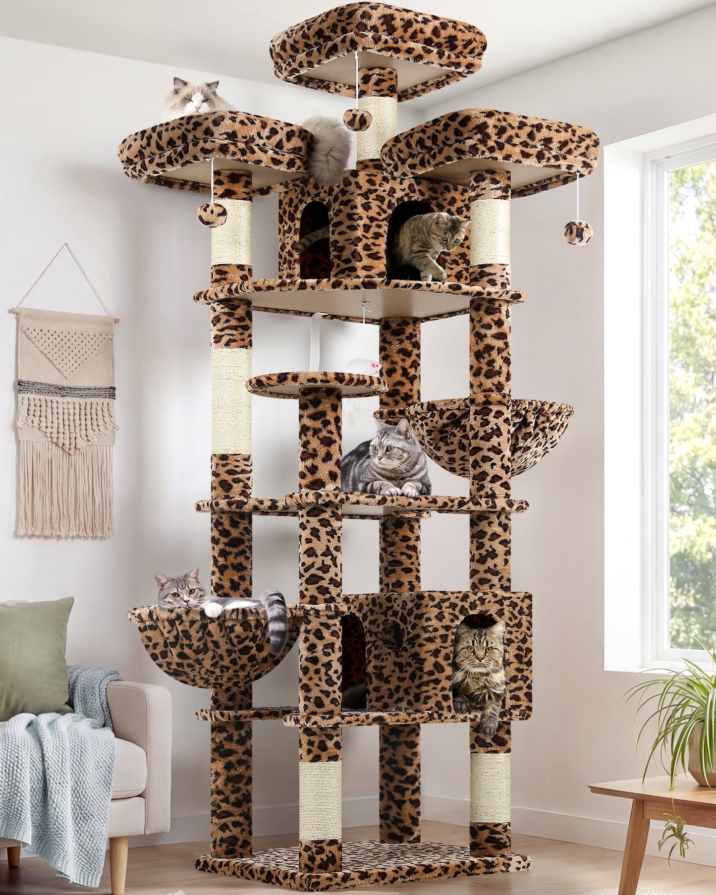 Globlazer Cat Trees and Towers for Multiple Adult Cats, 82-inch XXL Tall Cat Tree Tower for Indoor Cats with Scratching Post, 3 Perches, 2 Condos, 2 Hanging Baskets, F82, Leopard Print