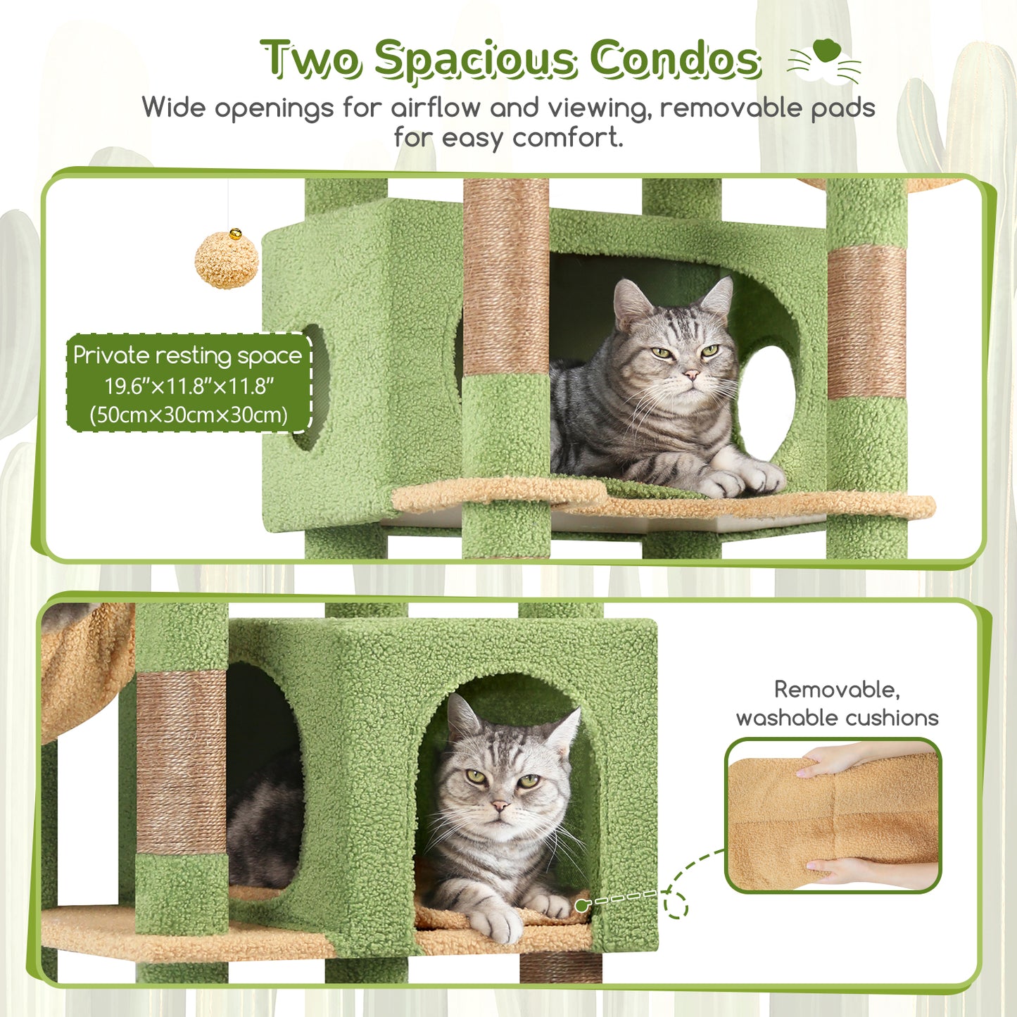 Globlazer Large Cactus Cat Tree Tower for Indoor Cats, 74in Tall Cat Tree for Large Cats Adult with 5 Scratching Posts, 2 Spacious Condo Houses, 2 Big Hanging Baskets, Enlarged Perch, S74, Dark Grey