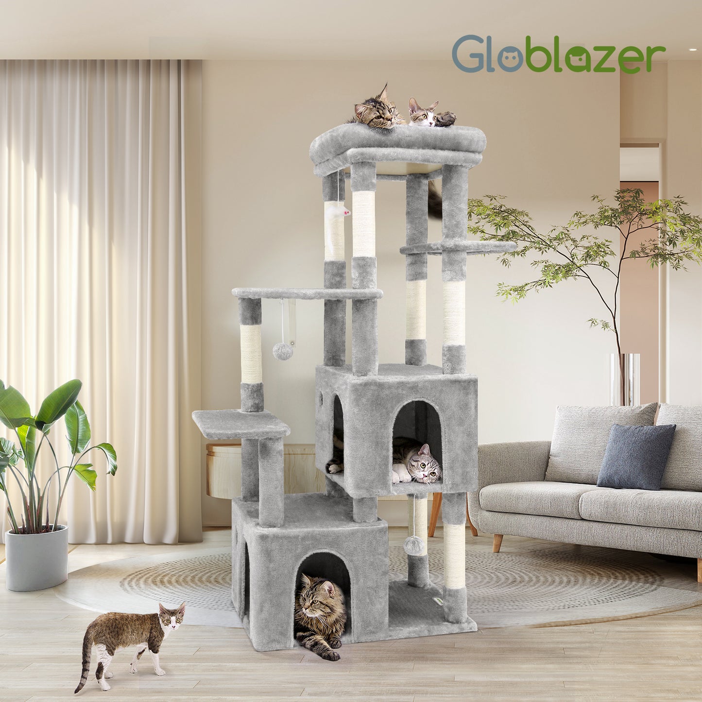 Globlazer Cat Tower for Indoor Cats, 61inch Heavy Duty Cat Trees for Large Cats Adult Big Cats Maine Coon Cat Tree Tower with Scratching Post, Extra Large Top Perch, Cat Condos, F61, Light Grey