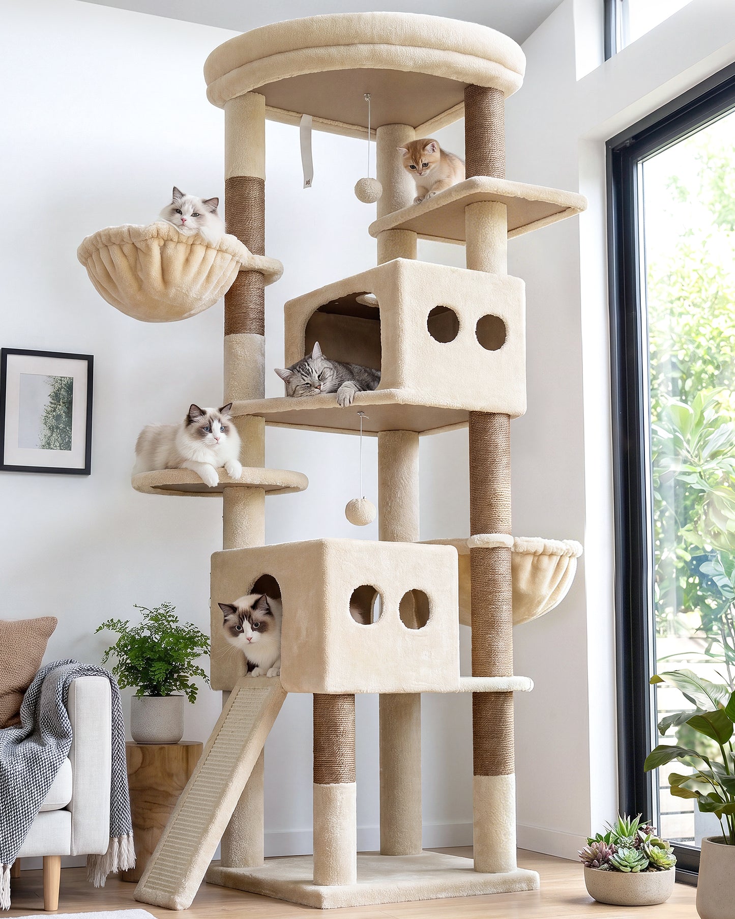 Globlazer 74in Tall Cat Tree for Indoor Cats Large Adult, Sturdy Heavy Duty Cat Tree Tower with 7 Scratching Posts for Multiple Cats, 2 Spacious Condos, 2 Hanging Baskets, S74G, Beige