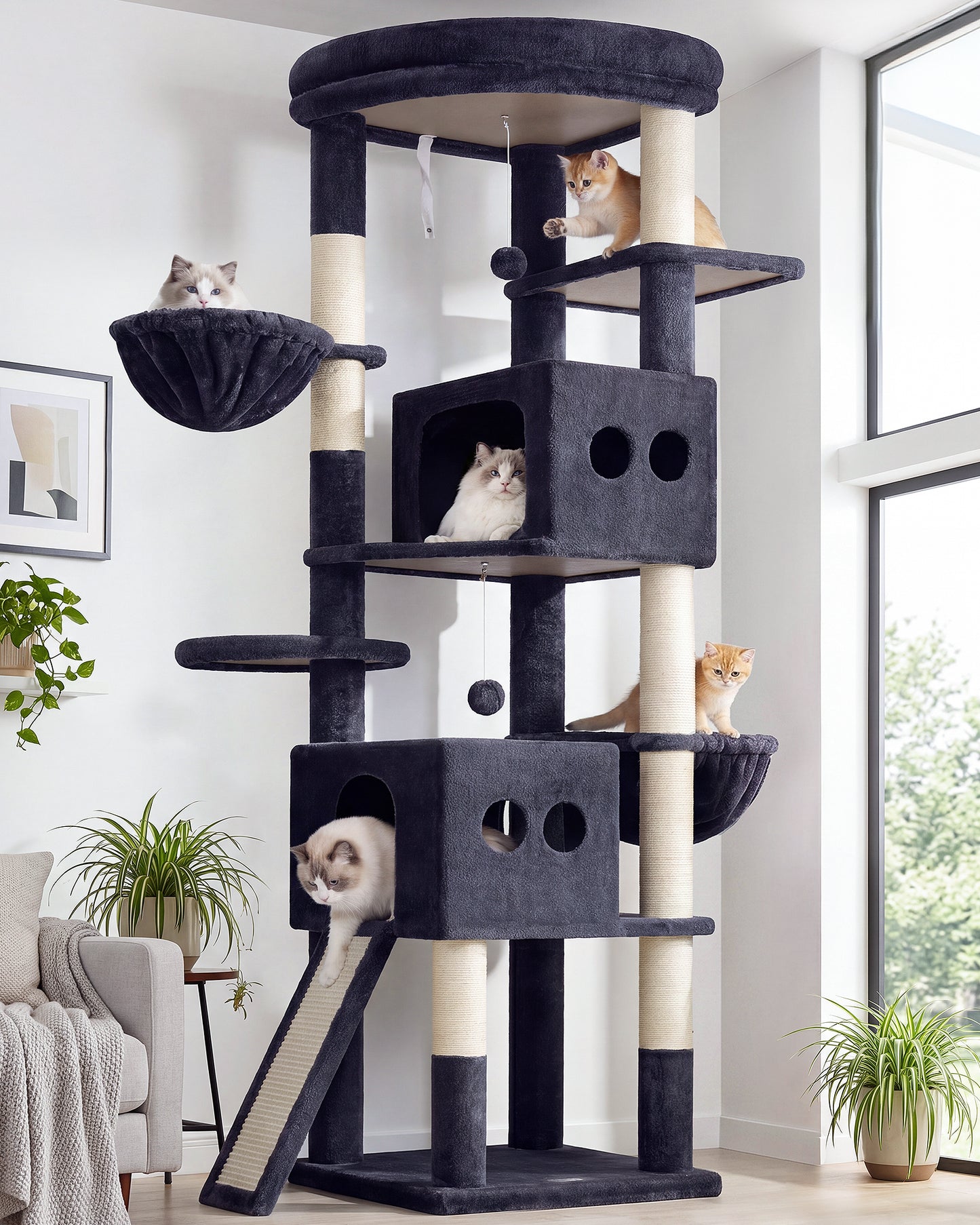 Globlazer 74in Tall Cat Tree for Indoor Cats Large Adult, Sturdy Heavy Duty Cat Tree Tower with 7 Scratching Posts for Multiple Cats, 2 Spacious Condos, 2 Hanging Baskets, S74G, Dark Grey