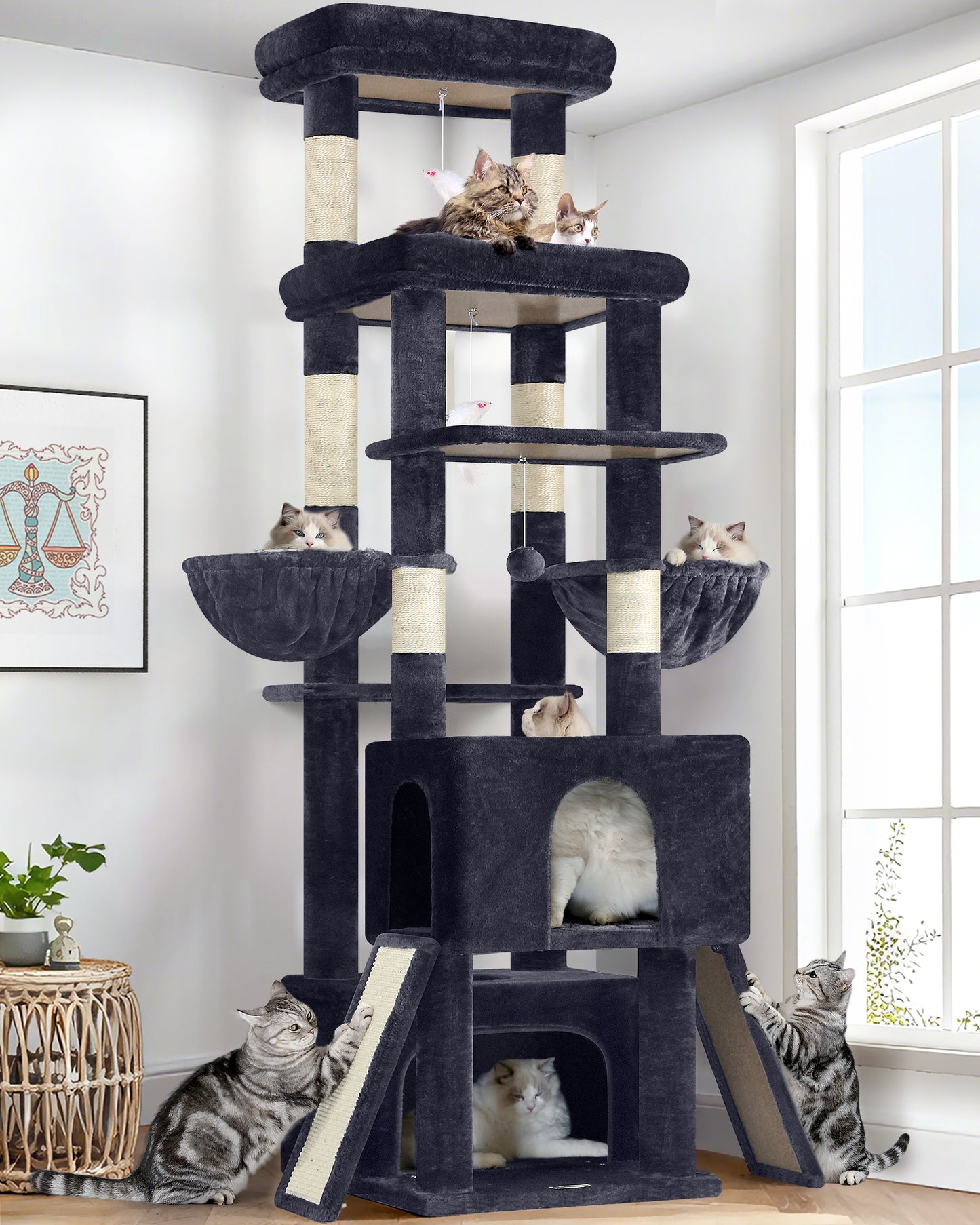 Globlazer Heavy Duty Cat Tree 78 inch Sturdy Cat Tower for 20lbs Large Adult Cats, Symmetrical Aesthetic Big Cat Tree with Extra Large Platform, 2 Scratching Boards, Z78, Dark Grey