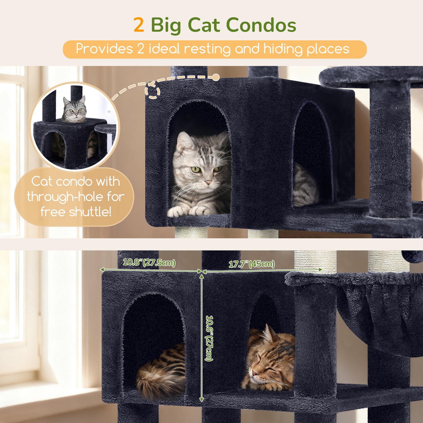 Globlazer Extra Large Cat Tree Tower, 82in Tall Heavy Duty Cat Tree for Indoor Cats Large Adult Big Cat Tower with 8 Scratching Posts, 2 Cat Condos, 2 Padded Perches, 3 Hanging Baskets, S82, Dark Gray