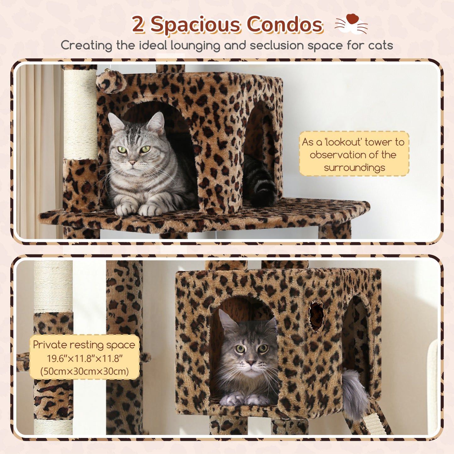 Globlazer Heavy Duty Cat Tree Tower, 70inch Sturdy Cat Tree for Indoor Cats Sturdy Large Cat Tower with Scratching Post and Board, Hammock, 2 Cat Condo for Adult Cats Kittens, F70 Pro, Leopard Print