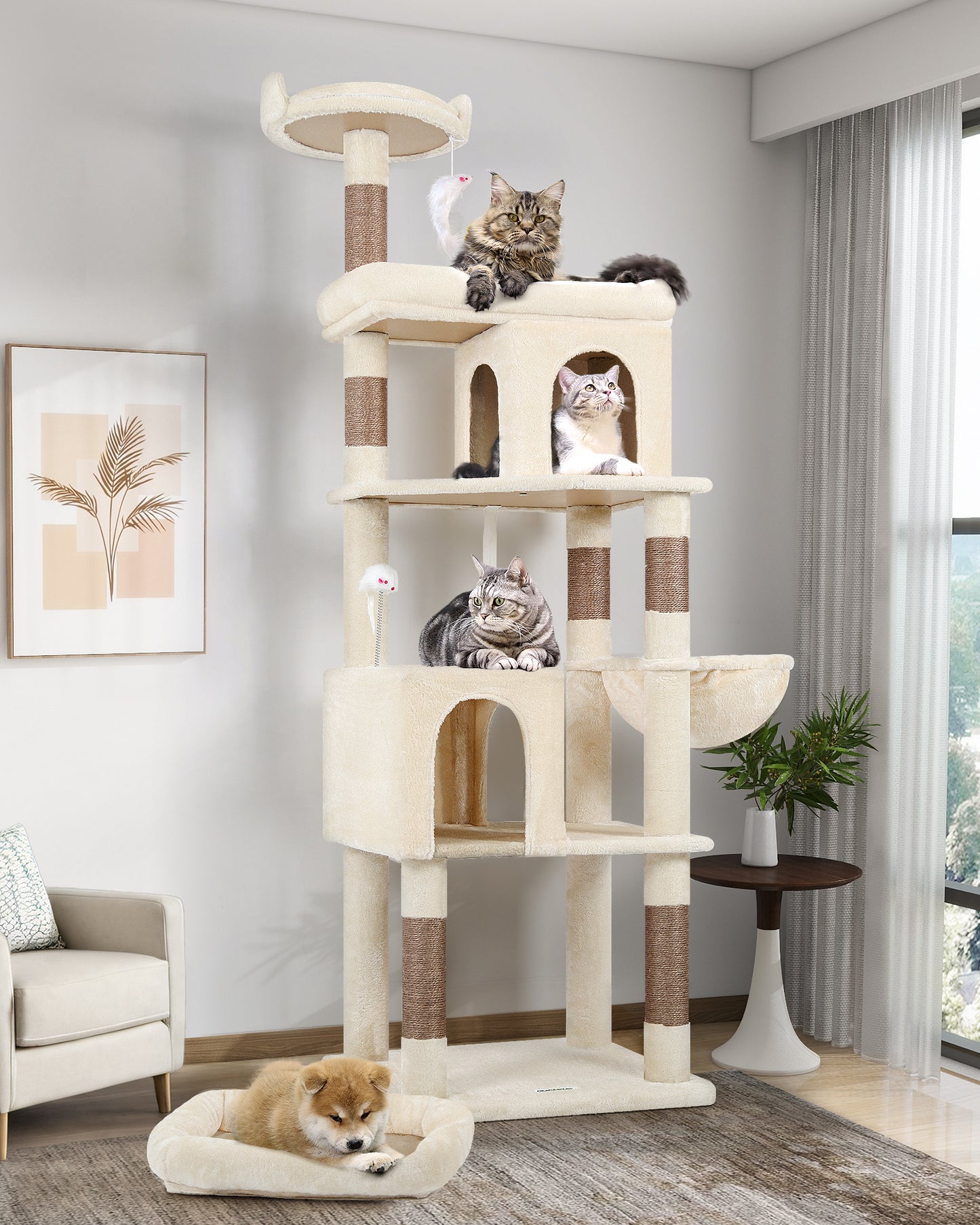 Globlazer Heavy Duty Cat Trees for Large Cats, Sturdy 72in Maine Coon Cat Tree for Large Cats 20 lbs+ Heavy Duty Cat Tower for Adult Biggest Cat with 6 Scratching Posts, Hammock, S72, Beige