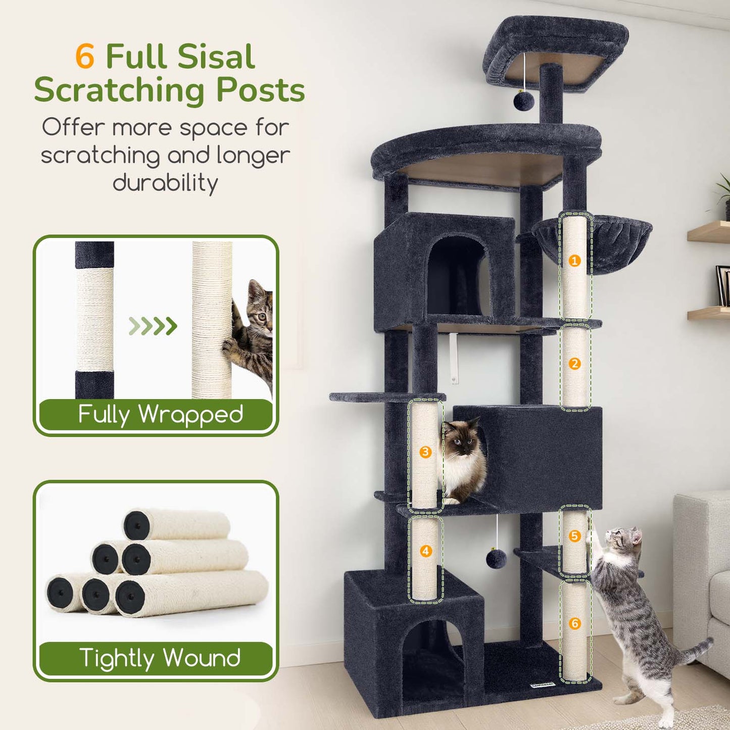 Globlazer Large Cat Tree Tower for Indoor Cats, Sturdy Heavy Duty Cat Condo with 3 Spacious Cat Houses, Oversized Top Perch and 6 Full Sisal Posts, Modern Cat Furniture for Large Cats, S80, Dark Grey
