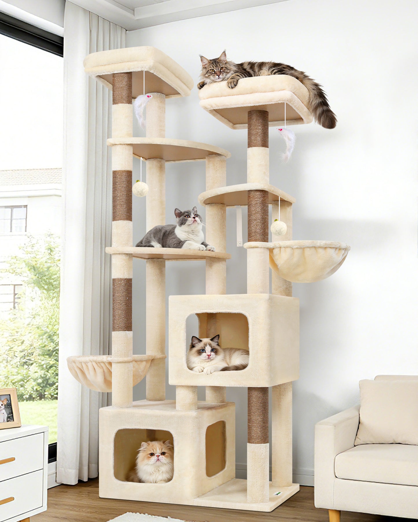 Globlazer 74In Sturdy Cat Tree for Large Cats, Heavy Duty Multi-Level Tall Cat Tree Tower for Multiple Indoor Adult Cats with Scratching Posts, 2 Cat Condos, 2 Top Perches, S74E, Beige