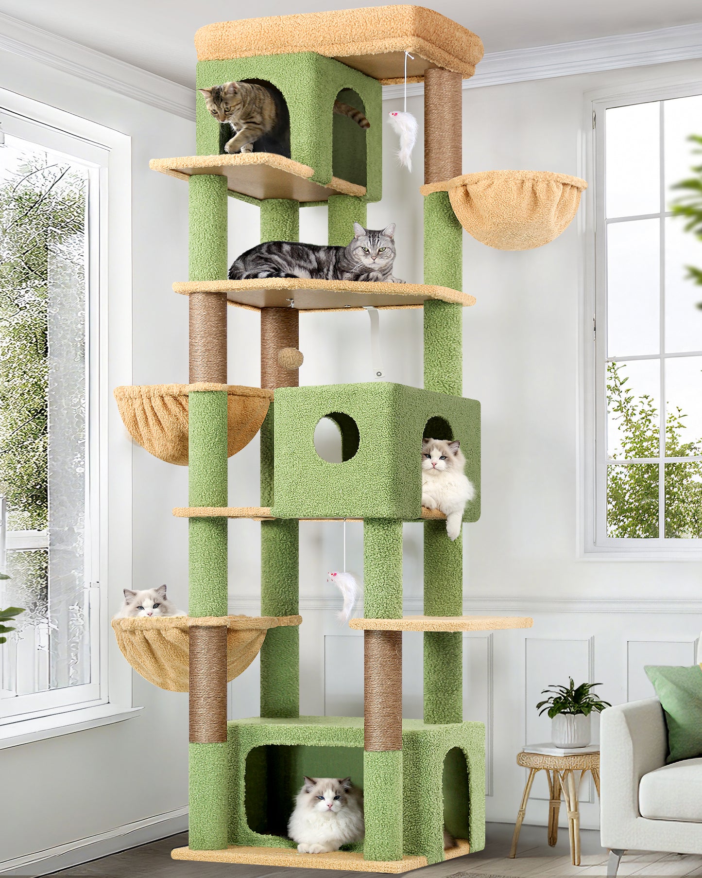 Globlazer Large Cat Tree 80 inch Multi-Level Cactus Climbing Tower Kitty Condos Cat Scratching Tower for Indoor Multiple Adult Cats with Large Platform, 3 Cat Caves, 3 Hanging Baskets, F80F, Green