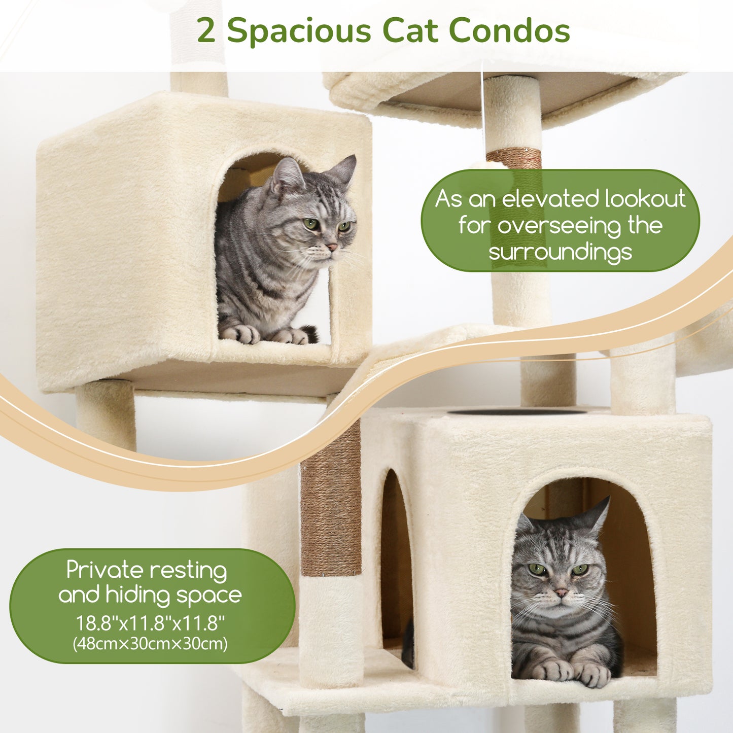 Globlazer 74in Heavy Duty Cat Tree for Large Indoor Cats, Multi-Level Cat Tower with 5 Sisal Scratching Posts, 2 Cozy Condos, Hammock, Top Perches, Climbing Ramp and Pet Bed, F74D, Beige