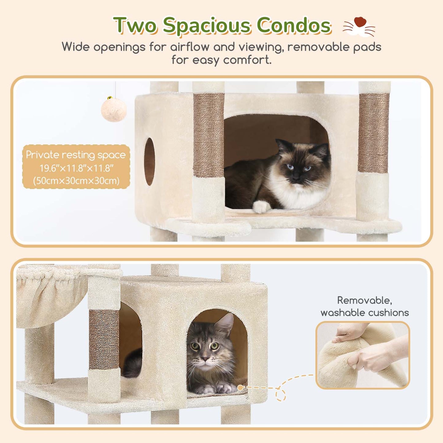 Globlazer Extra Large Cat Tree Tower for Indoor Cats, 74inch Tall Cat Tree Tower for Large Cats Adult with 5 Scratching Posts, 2 Spacious Condos, 2 Big Hanging Baskets, Enlarged Perch, S74, Beige