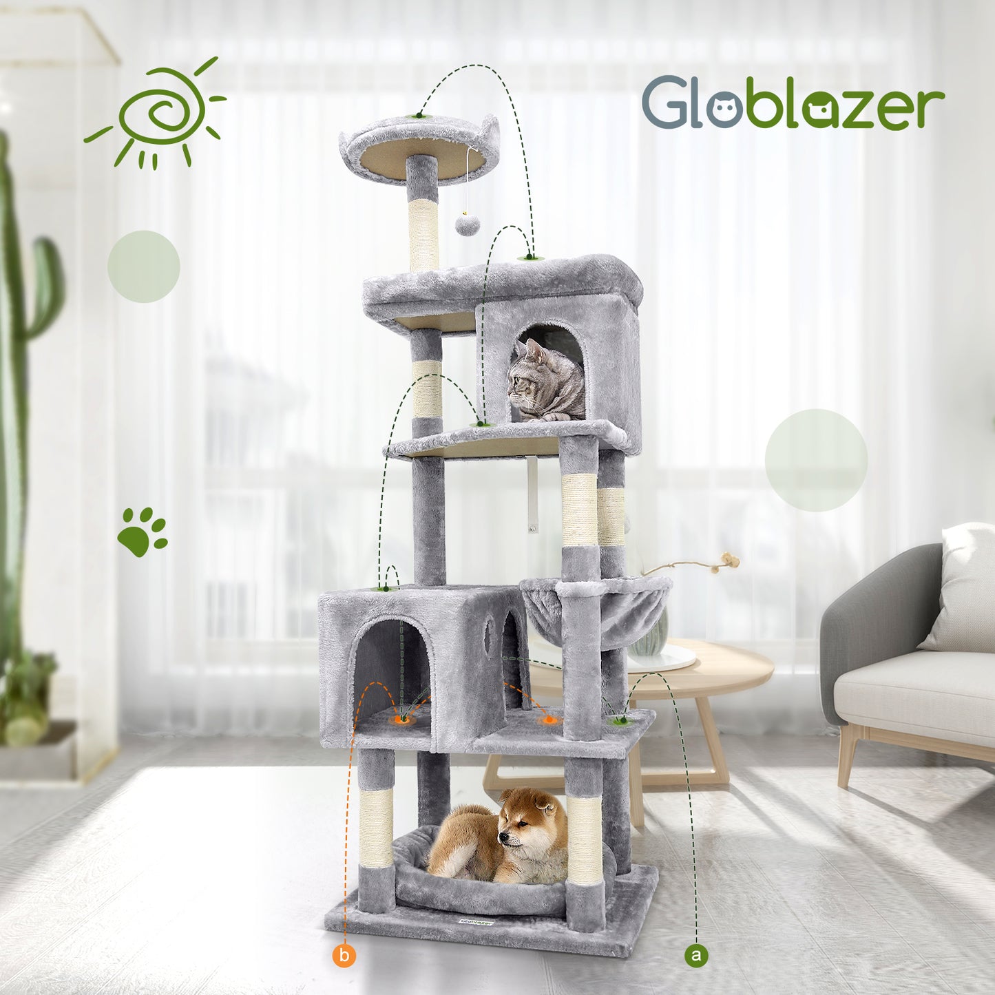 Globlazer Heavy Duty Cat Trees for Large Cats, Sturdy 72in Maine Coon Cat Tree for Large Cats 20 lbs+ Heavy Duty Cat Tower for Adult Biggest Cat with 6 Scratching Posts, Hammock, S72, Light Gray