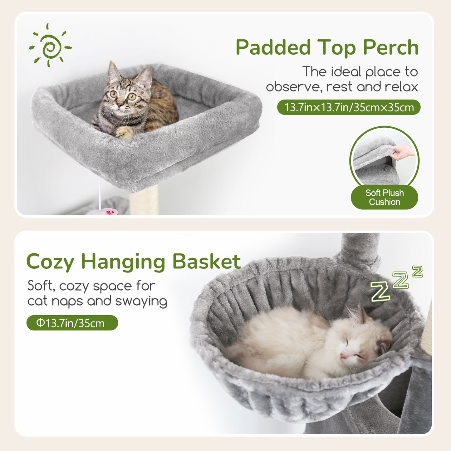 Globlazer Heavy Duty Cat Tree Tower for Indoor Cats, 68 inch Multi-Level Sturdy Cat Tree Tower for Large Cat Adult with 2 Oversized Condos, 2 Enlarged Perches, 2 Big Hanging Baskets, F68, Light Grey