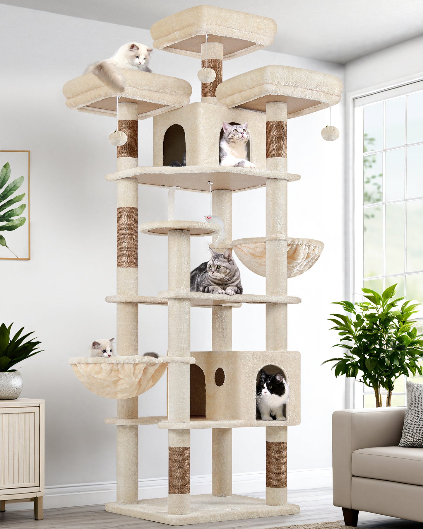 Globlazer Cat Trees and Towers for Multiple Adult Cats, 82-inch XXL Tall Cat Tree Tower for Indoor Cats with Scratching Post, 3 Perches, 2 Condos, 2 Hanging Baskets, F82, Beige