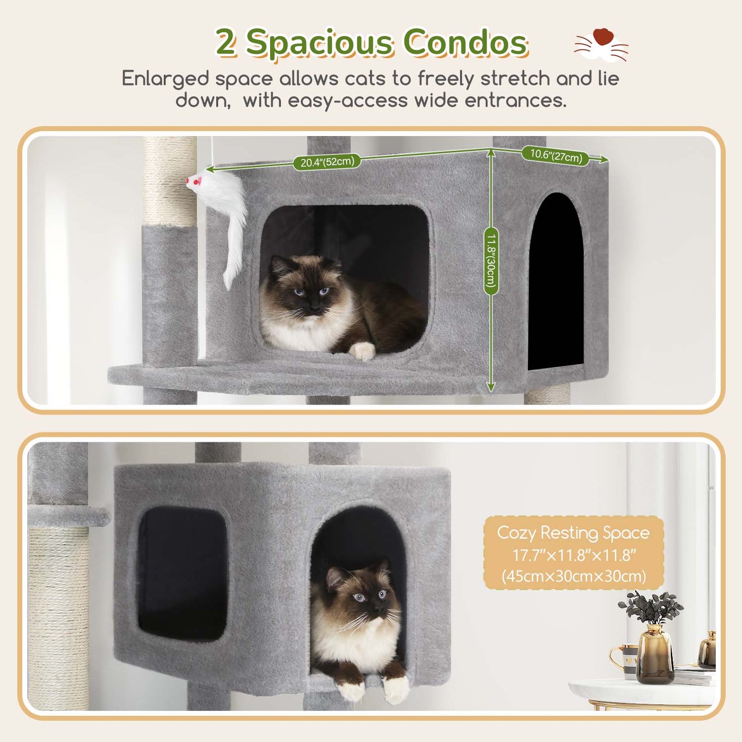 Globlazer Large Cat Tree Tower for Multiple Indoor Cats with Food Station, 77in Extra Tall Sturdy Cat Tree Tower for Large Cat with 6 Scratching Posts, 2 Cozy Condos, 2 Plush Perches, F77B, Light Grey