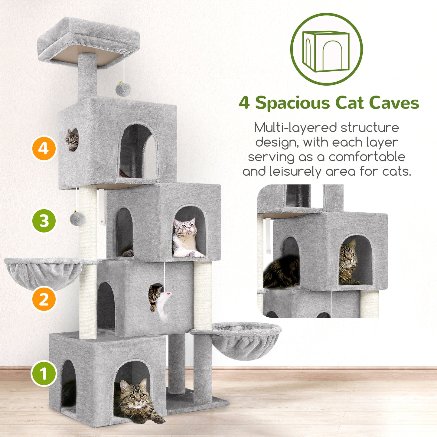 Globlazer Large Cat Tree Condos for Indoor Cats Large Adult, 70inch Tall Cat Tree Condo Tower with 4 Spacious Cat Condo Houses, 3 Sisal Scratching Posts, 2 Adjustable Hanging Baskets, F70C, Cloud Gray