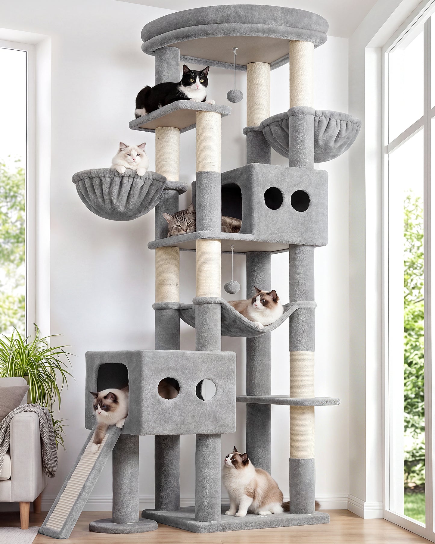 Globlazer Cat Tower for Large Cats, 81 inch Cat Tree for Indoor Cats Large Adult, Tall Cat Tower with 2 Condos, 2 Baskets, Hammock, Large Perch, 8 Sisal Posts, Scratching Board, S81G, Light Grey