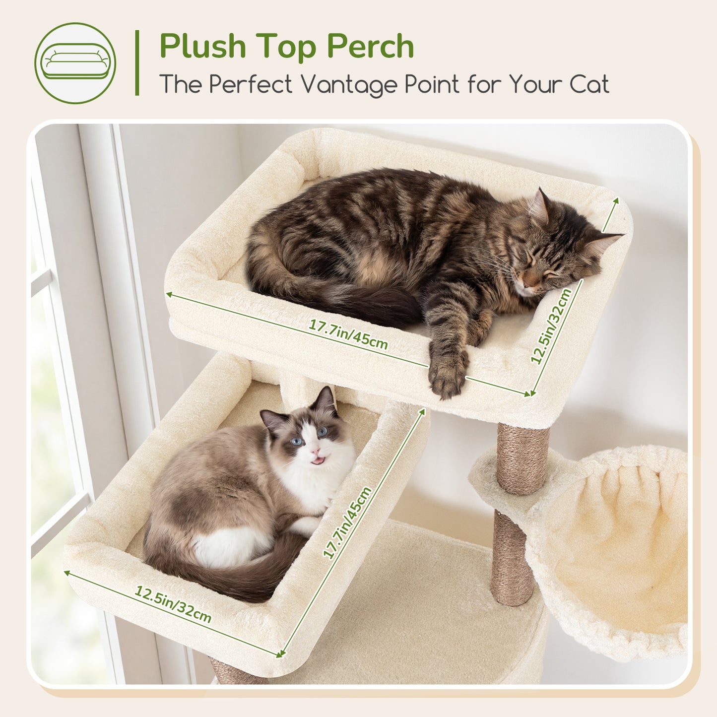 Globlazer Tall Cat Tree Tower for Large Adult Cats, Multi-Level Large 65 Inch Cat Scratching Tower with Hammock, 6 Scratching Posts, Basket and 2 Perches for Indoor Multiple Cats, F65D, Beige