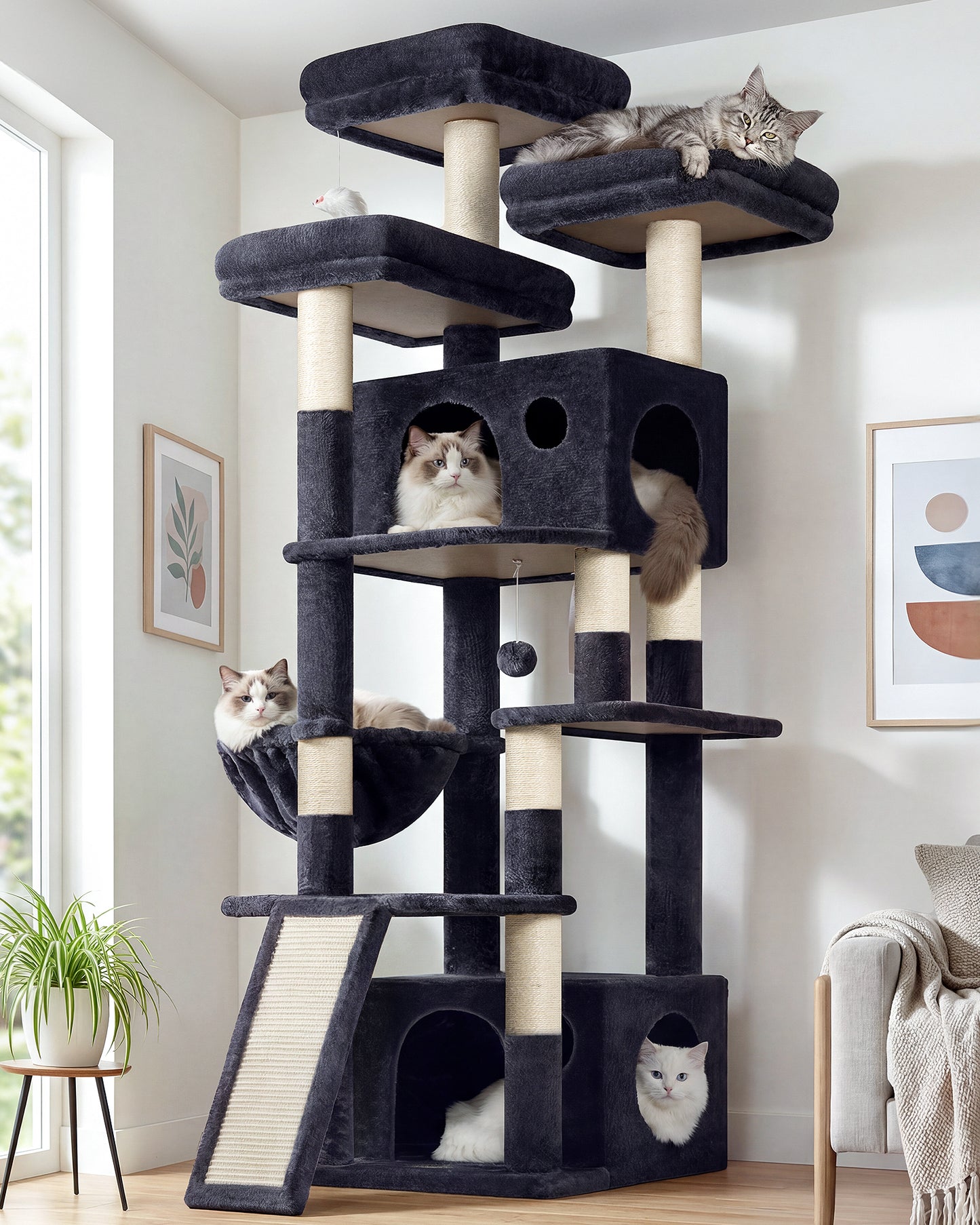 Globlazer Heavy Duty Cat Tree, 73inch Sturdy Cat Tower with Scratching Post for Indoor multiple Cats, Maine Coon Cat Tree with 3 Cat Perch, Basket, 2 Cat Condo for Adult Cats Kittens, F73C, Dark Grey