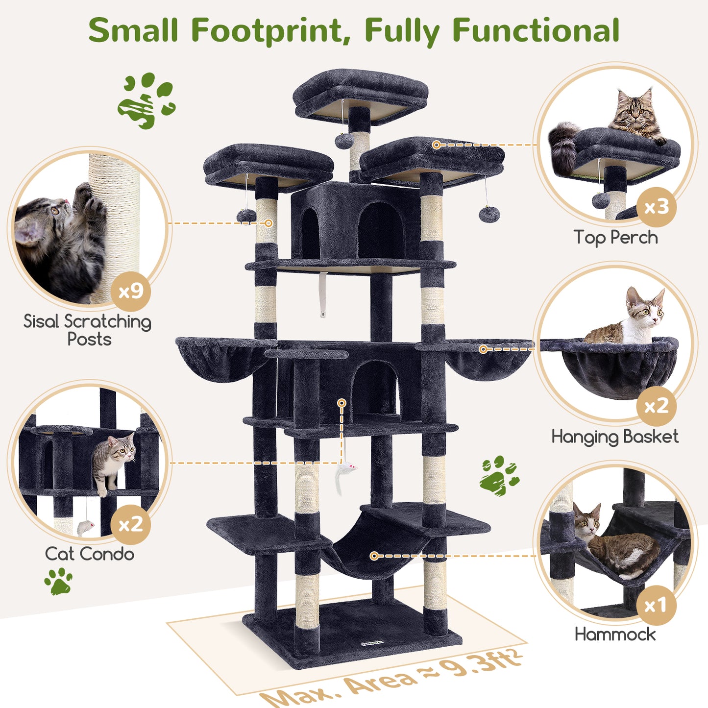 Globlazer Big Cat Tower for Indoor Cats, 80inch Cat Tower for Multiple Adult Cats XXL Cat Tree with 9 Scratching Posts, Hammock, 3 Perches, 2 Condos, 2 Hanging Basket, F80, Dark Grey