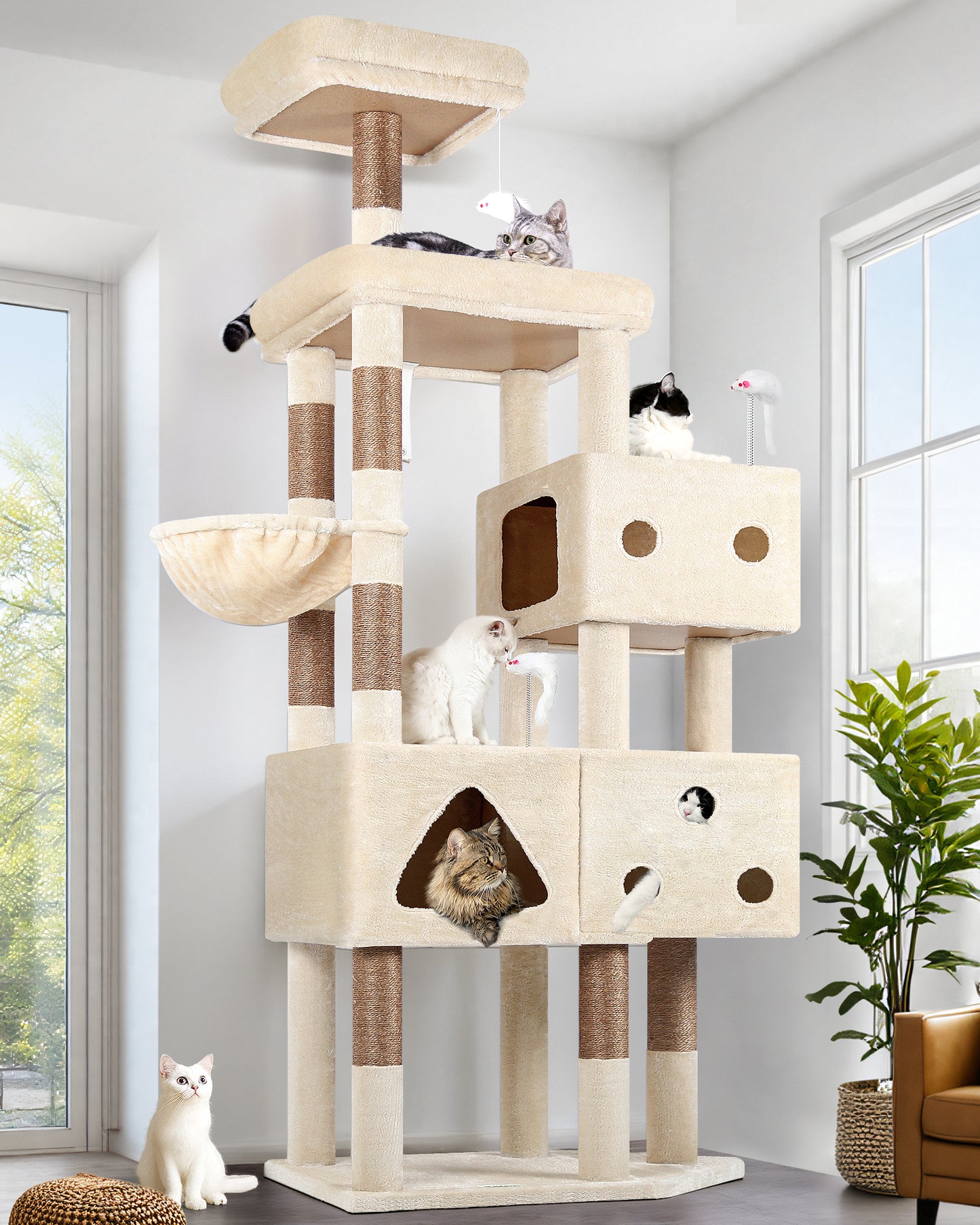Globlazer Extra Large Cat Tower, 81-inch Tall Cat Tree for Big Cats 20 lbs, XXL Heavy Duty Cat Scratching Tower for Indoor Adult Cats with 3 Cat Condos, 8 Scratching Posts, F81, Beige