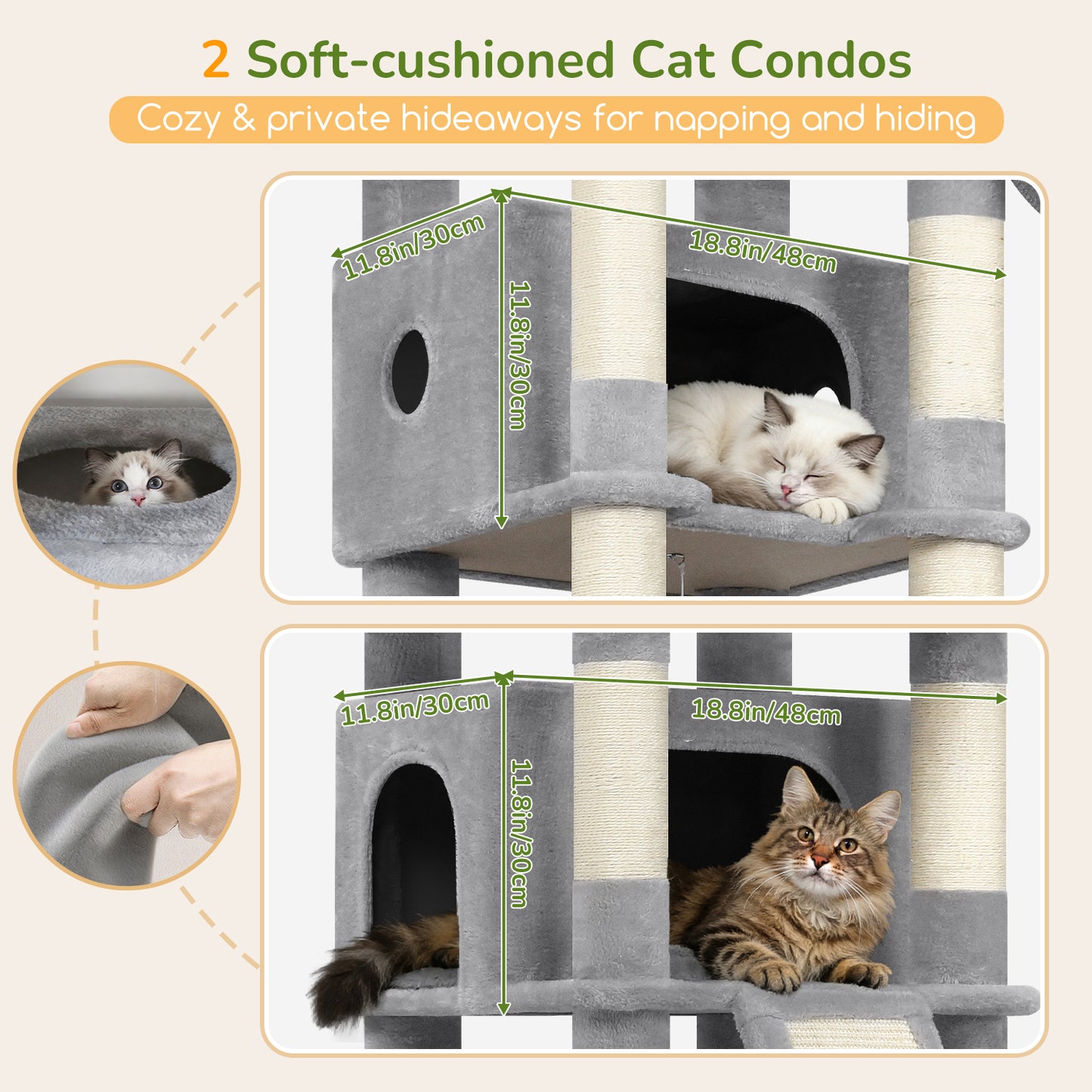 Globlazer Extra Large Heavy Duty Cat Tree, 80in Tall Sturdy Cat Tree Tower for Multiple Indoor Cats Large Adult with Scratching Posts, 2 Spacious Condos with Padding, 2 Soft Perches, S80C, Light Grey