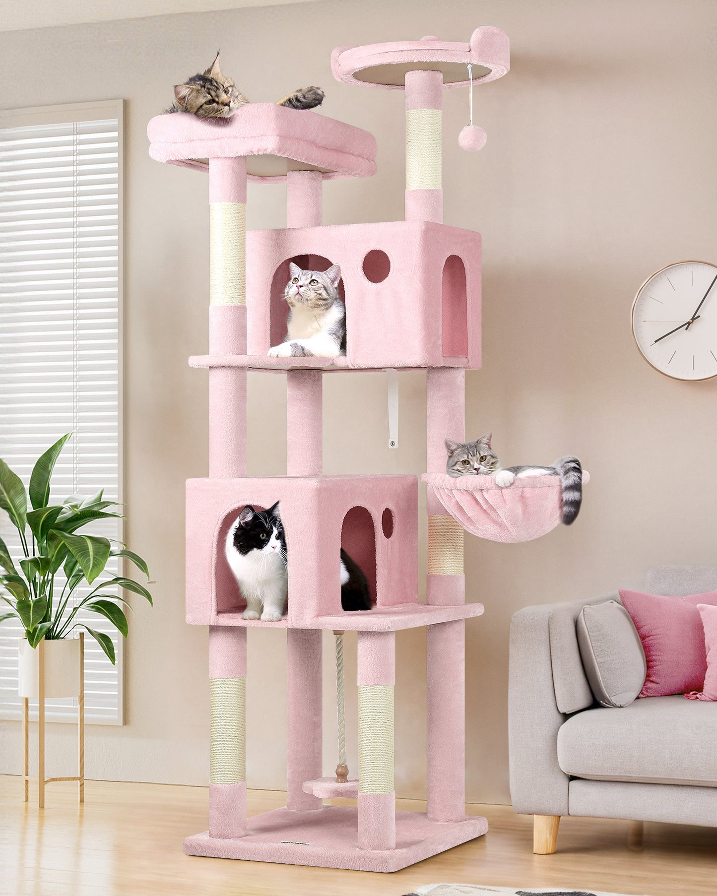 Globlazer Pink Cat Tree, 70 inch Tall Scratching Tower Multi-Level Cat Condo for Indoor Multiple Cats with 2 Large Cat Caves, Top Perch, Large Platform, Bottom Swing, F70B, Pink