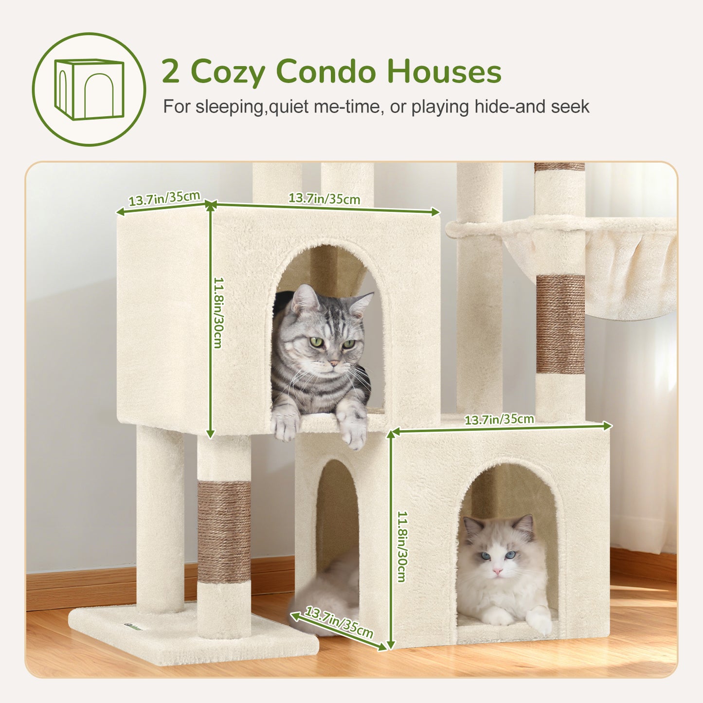 Globlazer Cat Tower for Indoor Cats, 52in Multi-Level Cat Tower with 5 Sisal Scratching Posts, Cat Tree Condo with 2 Padded Perches, 2 Cozy Condos, Big Hanging Basket, Hanging Toys, S52, Beige