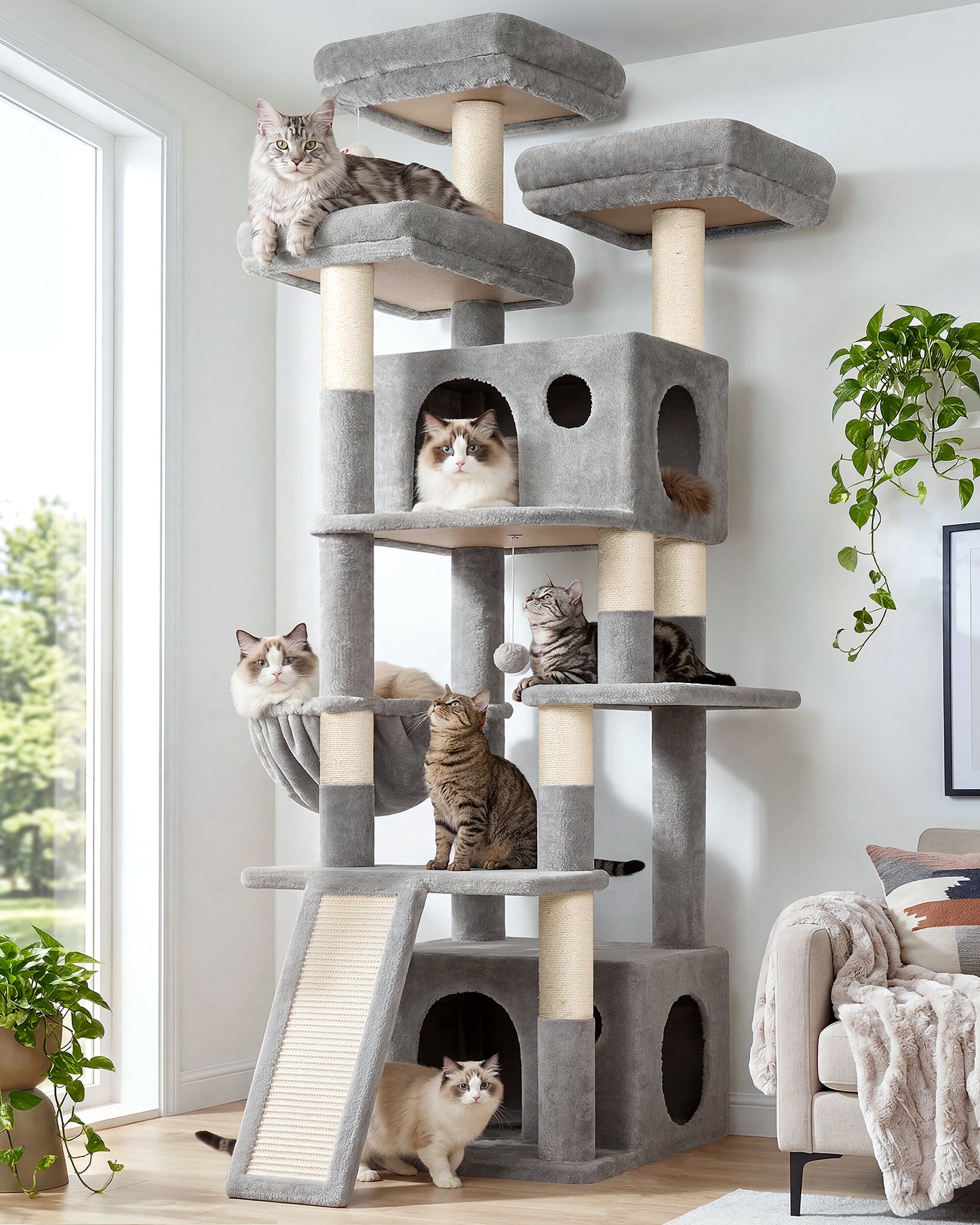 Globlazer Heavy Duty Cat Tree, 73inch Sturdy Cat Tower with Scratching Post for Indoor multiple Cats, Maine Coon Cat Tree with 3 Cat Perch, Basket, 2 Cat Condo for Adult Cats Kittens, F73C, Light Grey