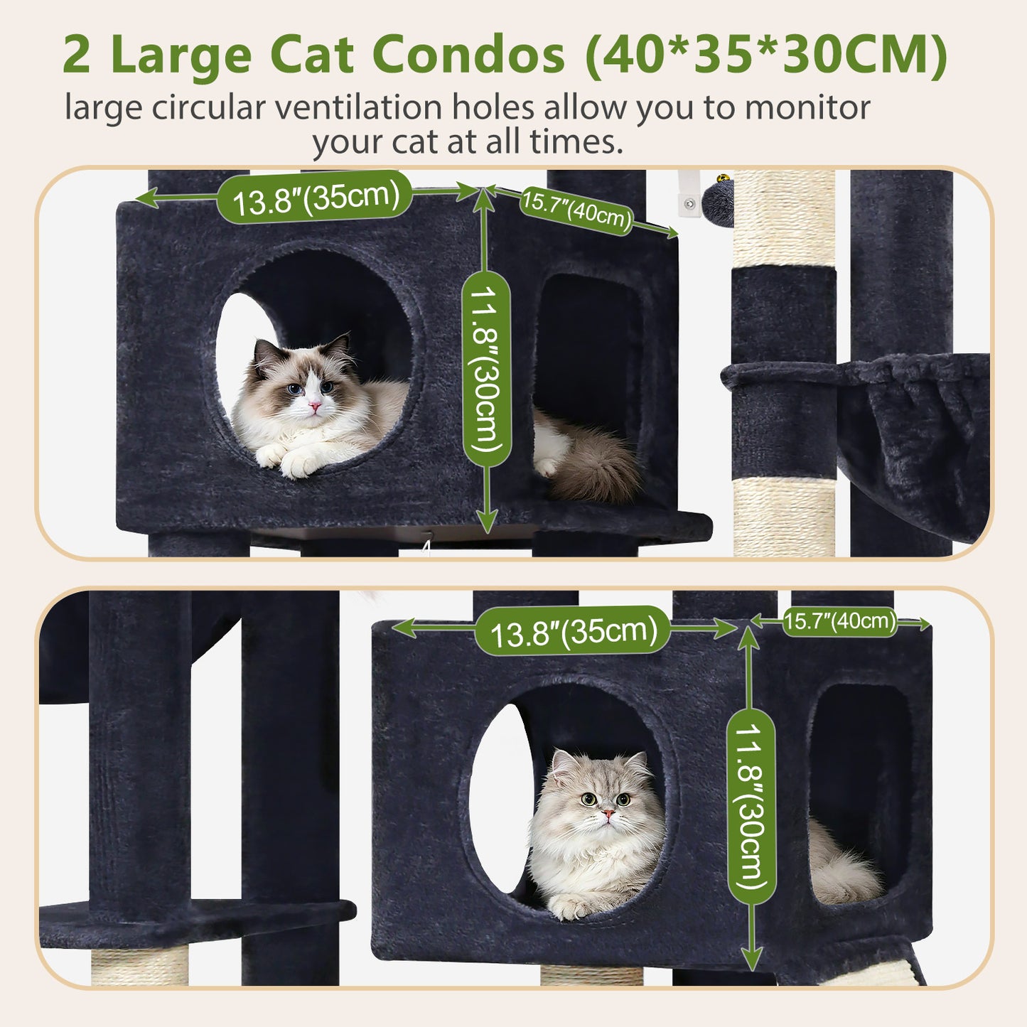 Globlazer 72" Heavy Duty Cat Tree for Large Adult Cats, Multi-Level Cat Tower with 2 Cat Condo, 2 Perchs, 6 Sisal Scratching Posts, Sisal Scratching Board, Multiple Cats, Resting Play, S72E, Dark Grey