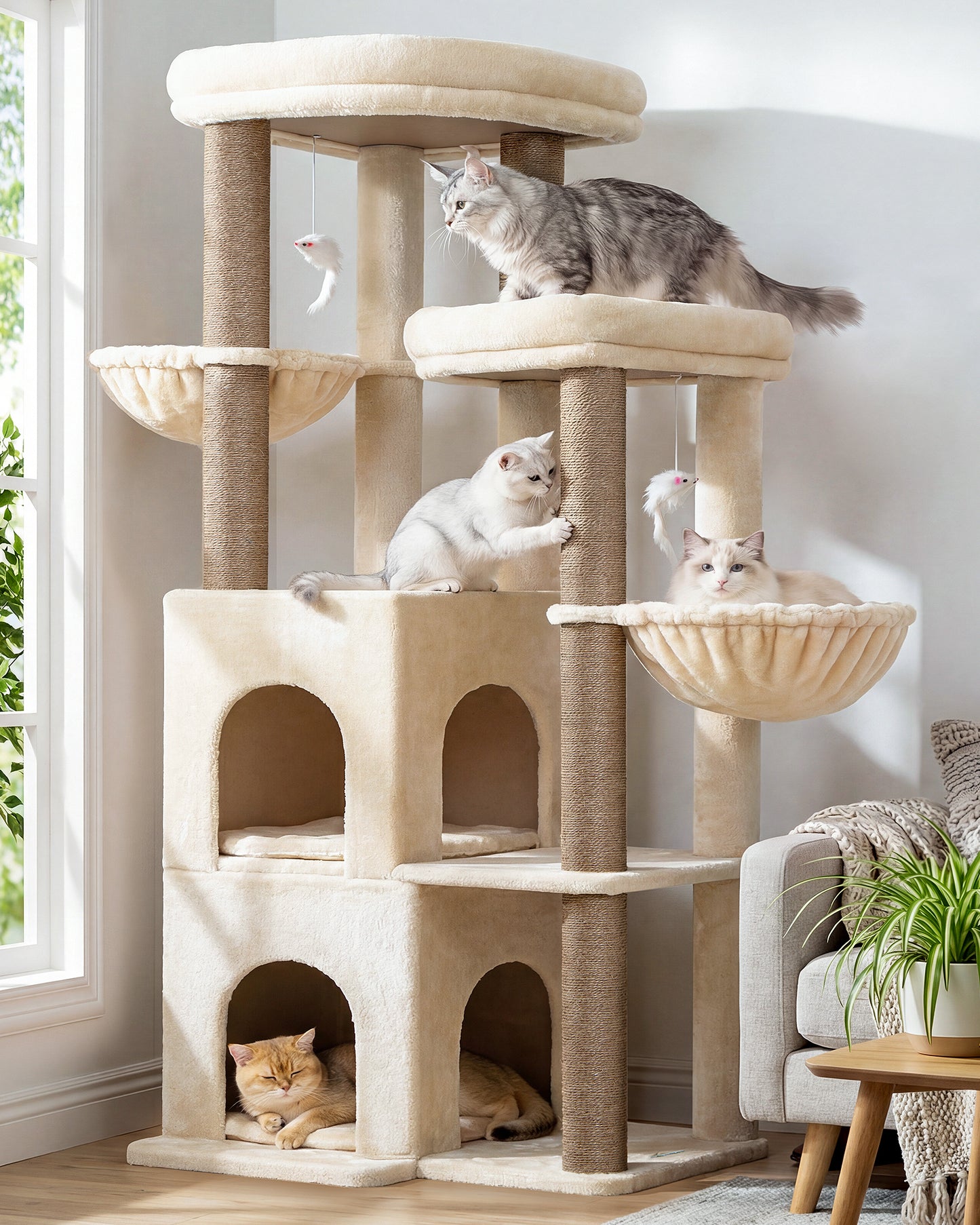 Globlazer Cat Tree Tower for Indoor Cats, 63 inch Sturdy Adult Cat Tree House for Large Adult Cats with 2 Platform, 6 Cat Scratching Post, 2 Cat Caves, Dangling Toys, S63, Beige
