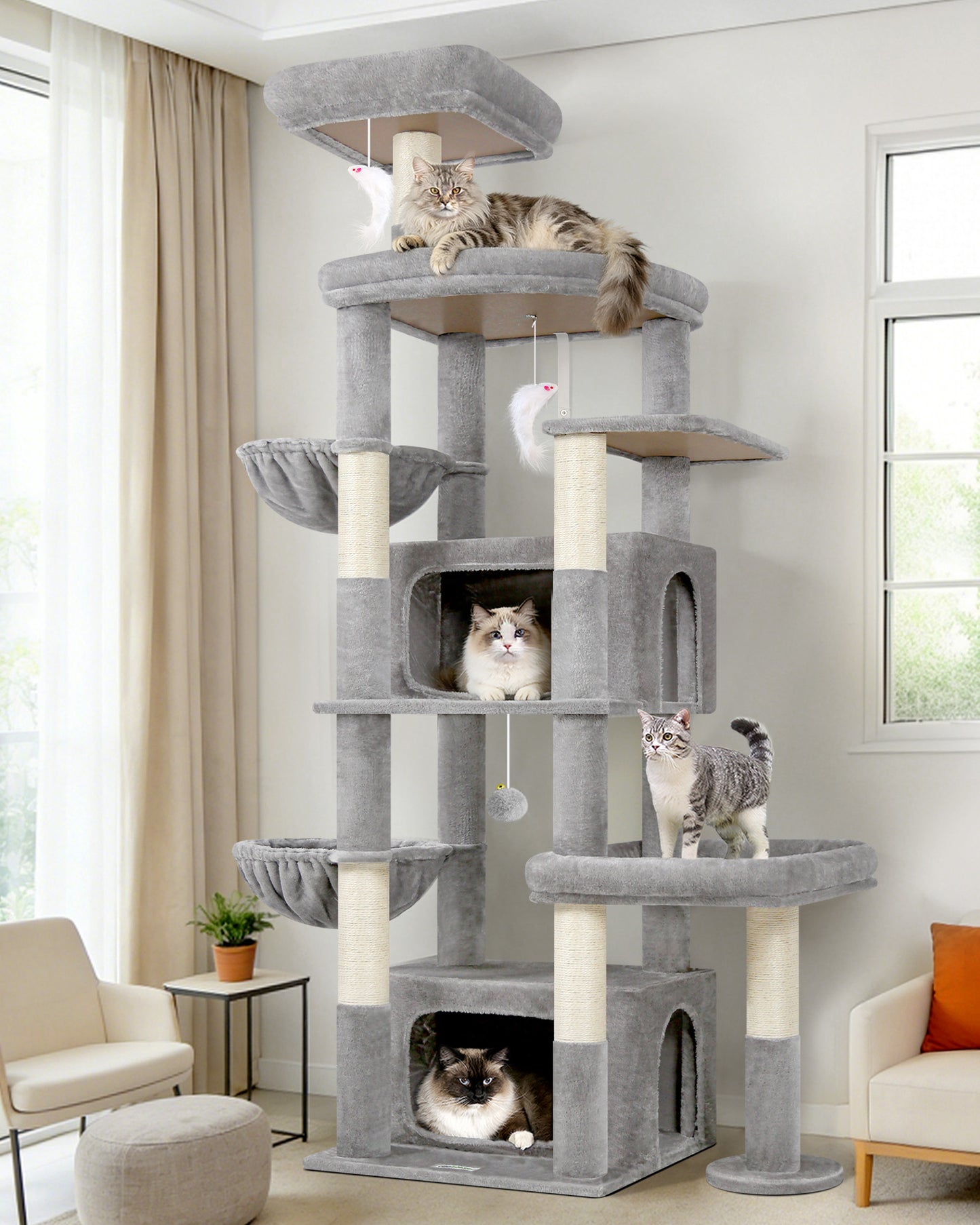 Globlazer 75in Sturdy Cat Tree for Large Cats, Heavy Duty Multi-Level Cat Tower for Indoor Cats with Extended Platform, 2 Spacious Condos, 2 Padded Perches, 6 Sisal Scratching Posts, S75, Light Grey
