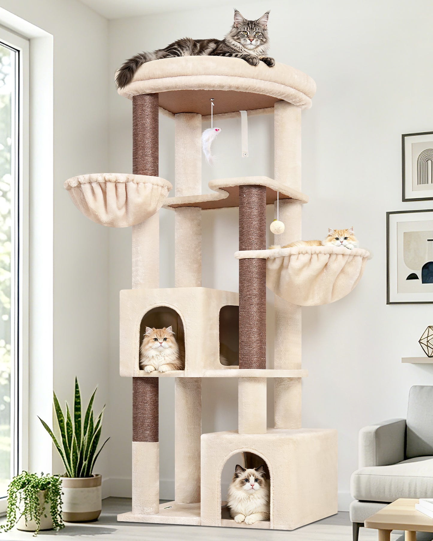 Globlazer Corner Cat Tree for Large Indoor Cats, 64in Space Saving Cat Tower with Enlarged Top Perch, 4 Scratching Posts, Multi-Level Cat Tree Tower with 2 Condos, 2 Hammocks, C64, Beige