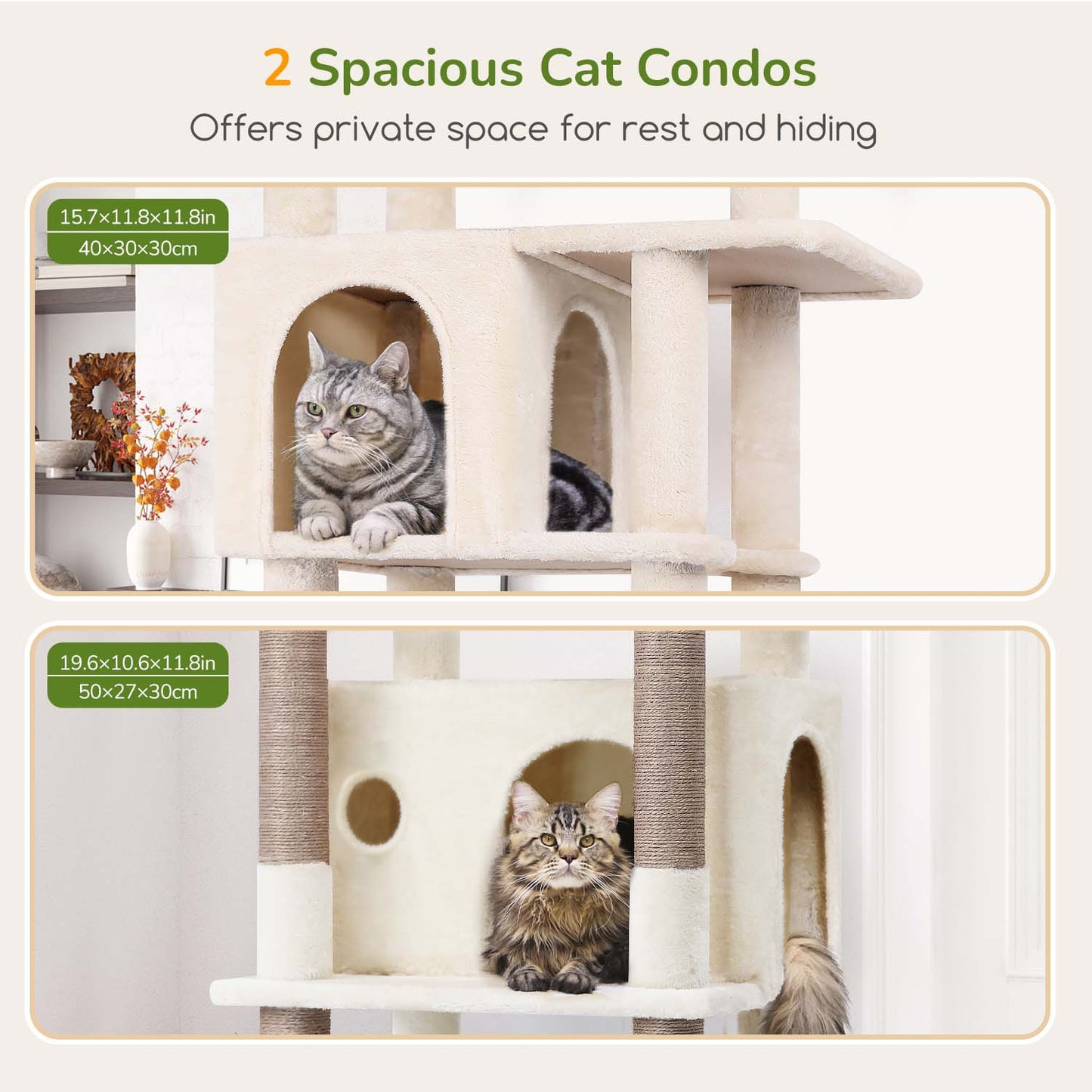 Globlazer Large Cat Tree Tower, Tall Cat Tree Condos for Indoor Cats Large Adult Cat Climbing Tower with 2 Spacious Caves, Oversized Top Perch, Big Hanging Basket, Cat Teaser Wand, F74B, Beige