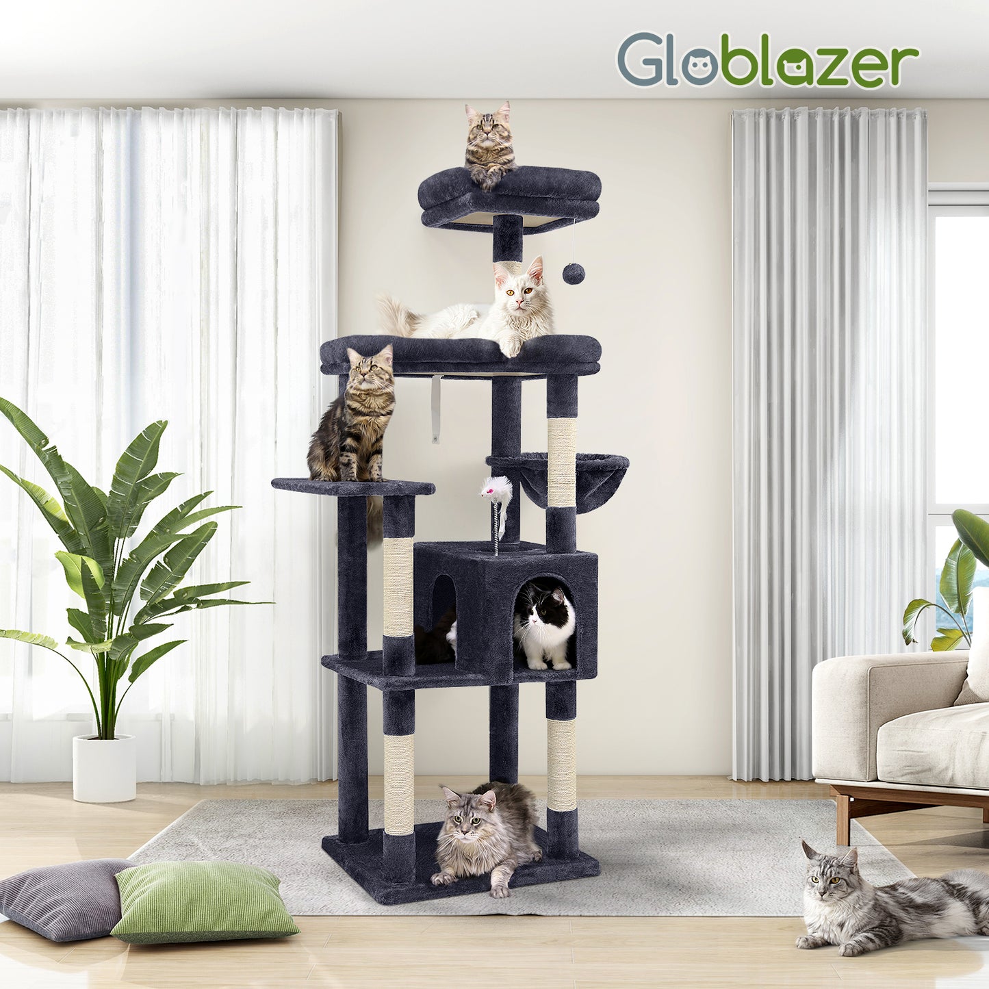 Globlazer Sturdy Cat Tree, 68-inch Large Cat Tower for Indoor Adult Cats 20 lbs Heavy Duty Cat Tree for Big Cats with Extra Large Platform, 5 Scratching Post, S68, Dark Grey