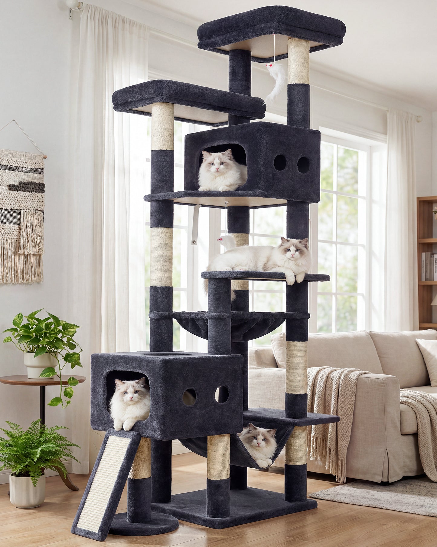 Globlazer Multi-Level Tall Cat Tower 83 inch Sturdy Extra Large Heavy Duty Cat Tree for Indoor Large Adult Cats Kittens with 2 Cat Condo, 8 Scratching Post, 2 Hammock, S83G, Dark Grey