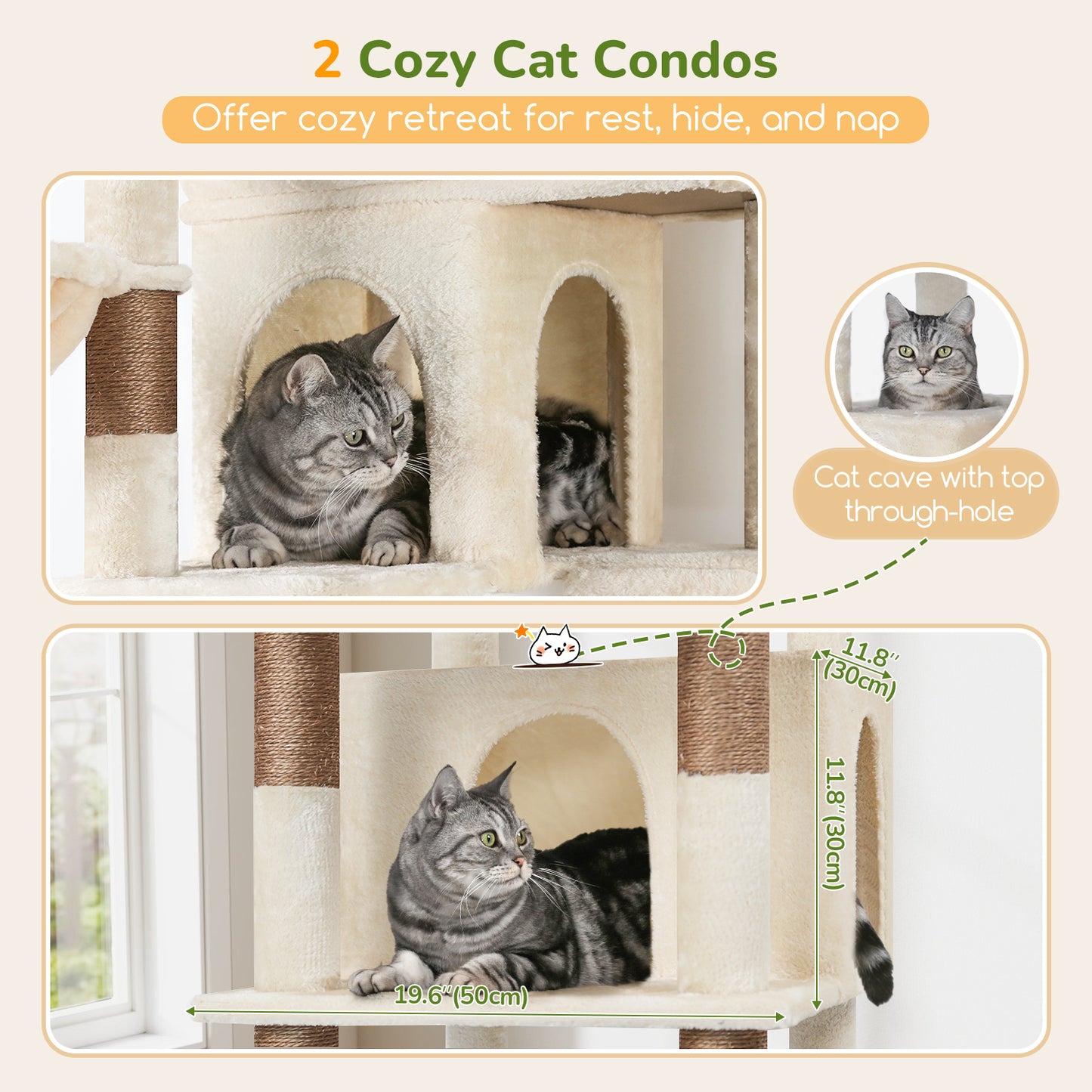 Globlazer Large Cat Tree Tower, 80inch XXL Tall Cat Tree for Multiple Indoor Cats Large Adult Kittens with Scratching Posts and Board, 3 Soft Baskets, 2 Plush Perches, 2 Cozy Condos, S80G, Beige