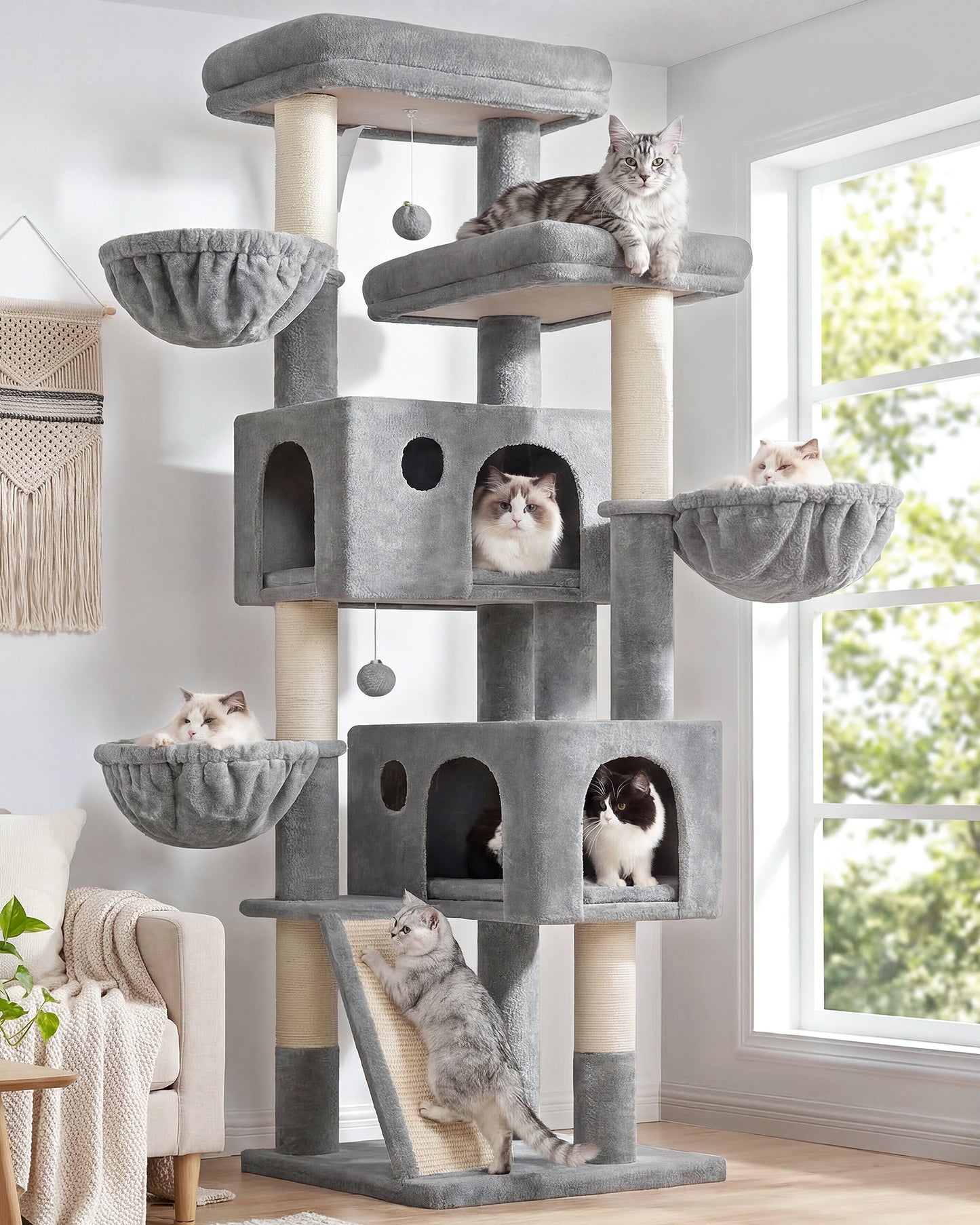 Globlazer Large Cat Tree, 72 inch Tall Cat Climbing Tower for Indoor Large Adult Cats Multi-Level Furniture Tree House with 2 Cozy Perches, 2 Padded Condos, 5 Sisal Scratching Posts, F72G, Light Grey