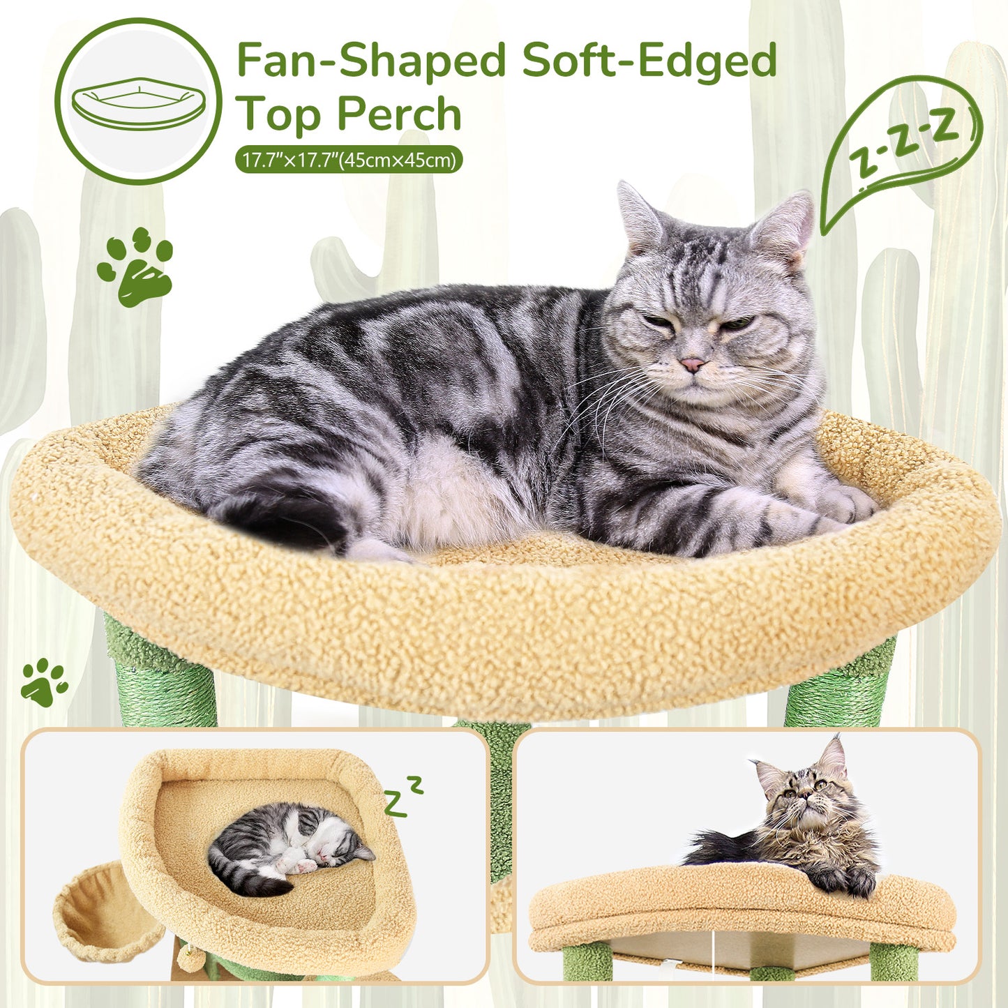 Globlazer Cactus Corner Cat Tree Tower with Scratching Post for Indoor Cats, 51in Multi-Level Cat Condo Tower with Large Hammock, Fan-Shaped Padded Perch, Spacious Cat Cave, Hanging Basket, C51, Green