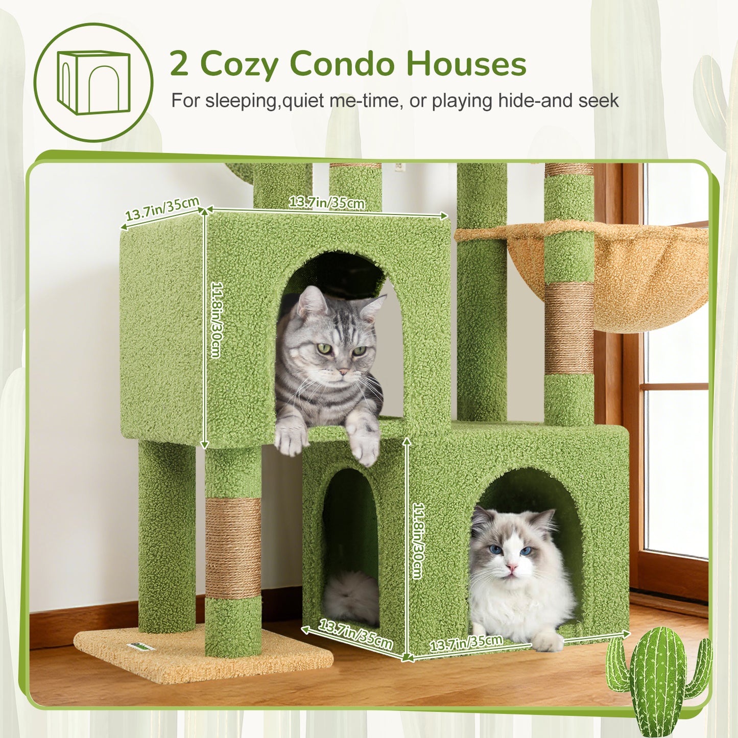 Globlazer Cactus Cat Tree Condo Tower for Indoor Cats, 52in Multi-Level Cat Scratching Tree with 2 Cat Condos, 5 Sisal Scratching Posts, 2 Padded Perches, Sturdy Basket, Widened Base, S52, Green