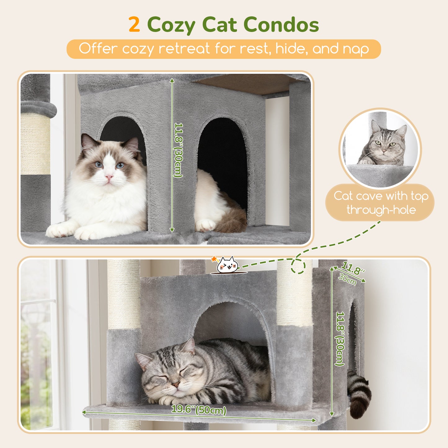 Globlazer Large Cat Tree Tower, 80inch XXL Tall Cat Tree for Multiple Indoor Cats Large Adult Kittens with Scratching Posts and Board, 3 Soft Baskets, 2 Plush Perches, 2 Cozy Condos, S80G, Light Grey
